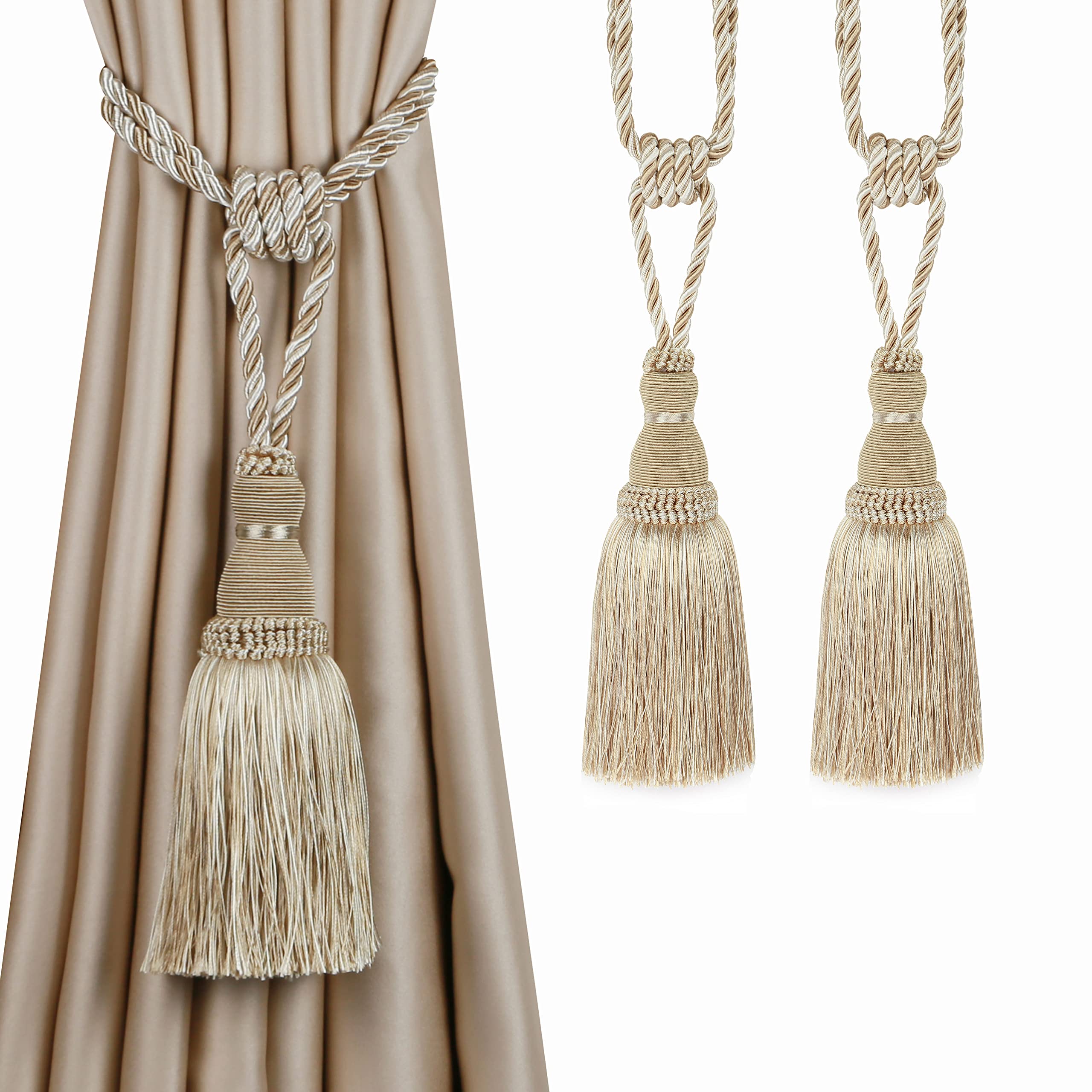 BEL AVENIR 2 Pack Curtain Tiebacks Tassel Drapery Tie-Backs Rope Handmade Holdbacks Home Office Hotel Decorative (Gold, 4 Pack)