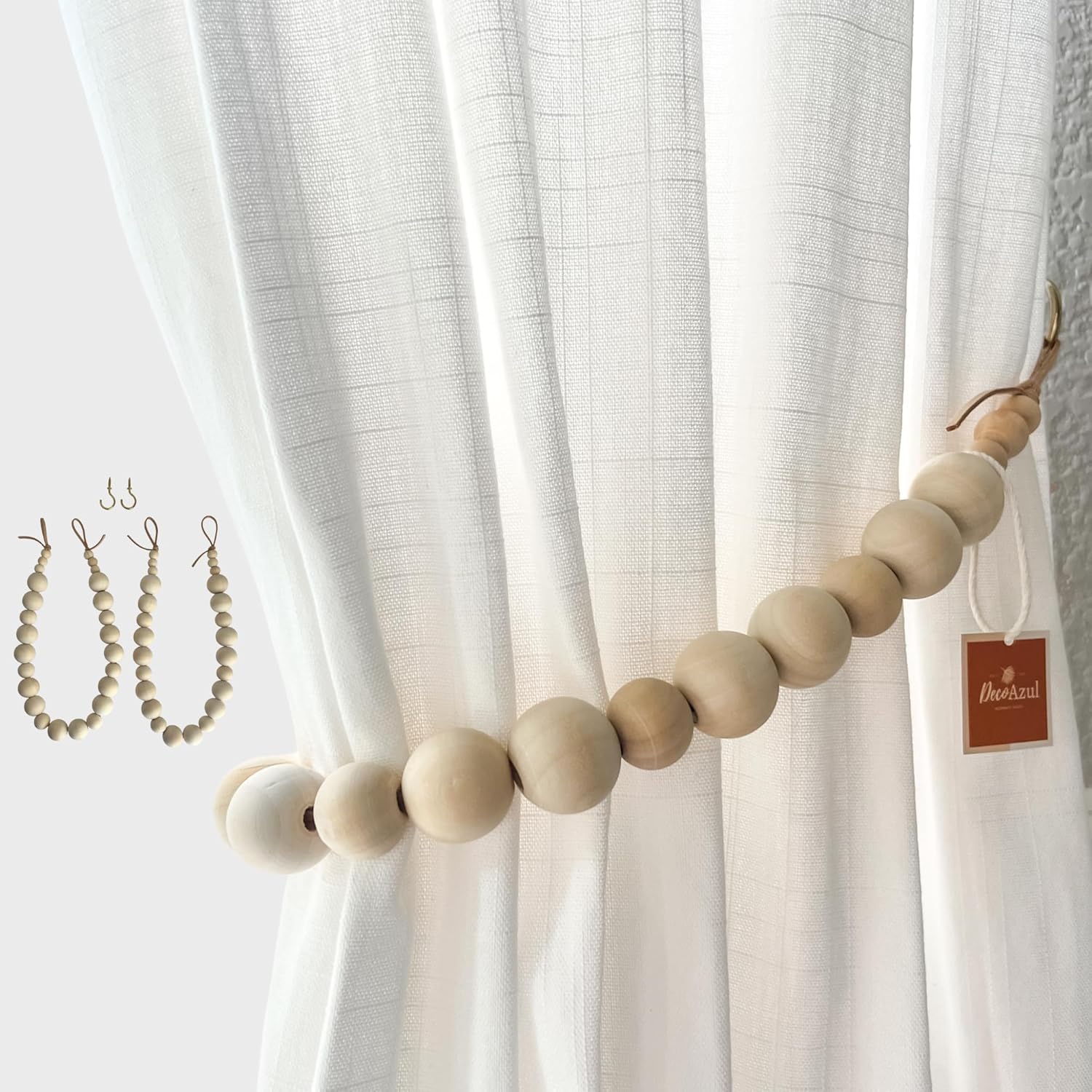 Deco Azul Curtain Tiebacks – Set of 2 Boho Wood Bead Holdbacks with Brass Hooks – Rustic Curtain Tie Backs for Drapes, Bedroom, Nursery, or Kitchen (22 Inches)
