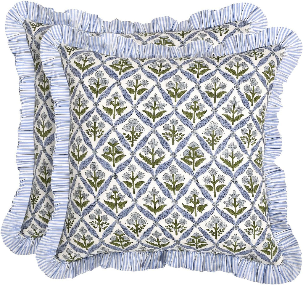 Ridhi Block Print Light Steel Blue Throw Pillow Cover 18" x 18" (Pack of 2) Decorative Cushion Covers with Ruffle for Couch, Sofa, Bed, Living Room, Home Decor Gift for Spring, Easter, Valentine