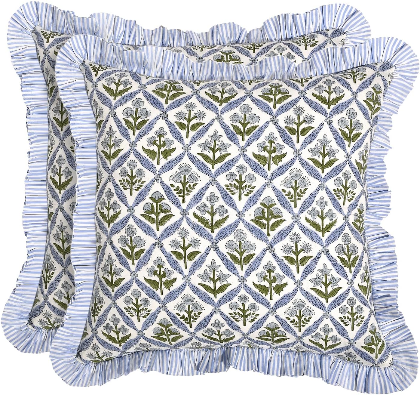 Ridhi Block Print Light Steel Blue Throw Pillow Cover 18" x 18" (Pack of 2) Decorative Cushion Covers with Ruffle for Couch, Sofa, Bed, Living Room, Home Decor Gift for Spring, Easter, Valentine