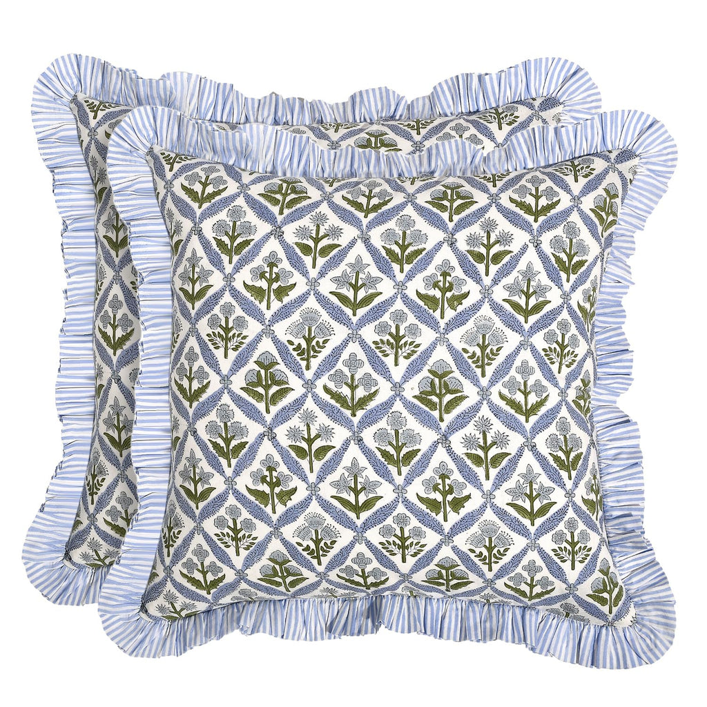 Ridhi Block Print Light Steel Blue Throw Pillow Cover 18" x 18" (Pack of 2) Decorative Cushion Covers with Ruffle for Couch, Sofa, Bed, Living Room, Home Decor Gift for Spring, Easter, Valentine
