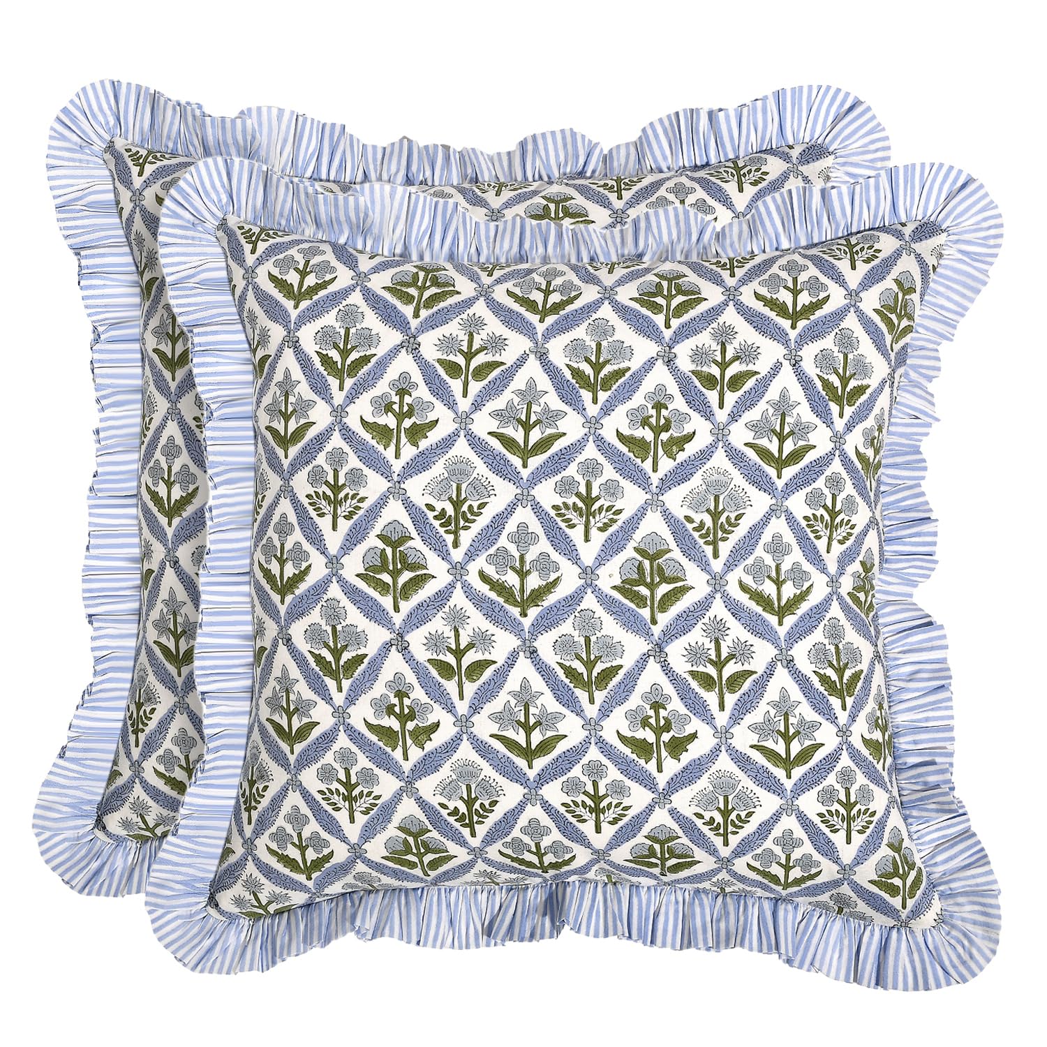 Ridhi Block Print Light Steel Blue Throw Pillow Cover 18" x 18" (Pack of 2) Decorative Cushion Covers with Ruffle for Couch, Sofa, Bed, Living Room, Home Decor Gift for Spring, Easter, Valentine