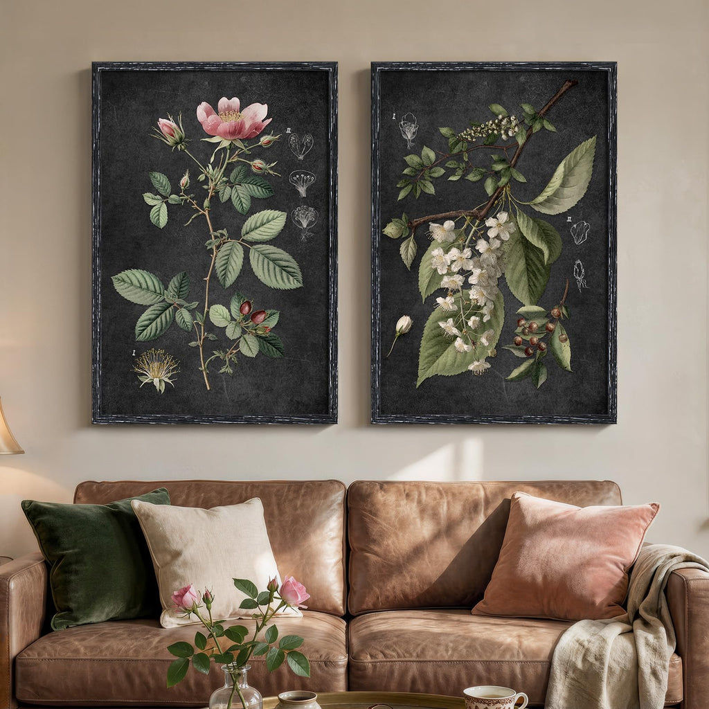 Large Framed Vintage Botanical Wall Art Set of 2, Neutral Antique Floral Canvas Painting Prints Artwork for Walls, Retro Rustic Farmhouse Flowers Pictures for Living Room Bedroom Wall Decor, 24x36 In