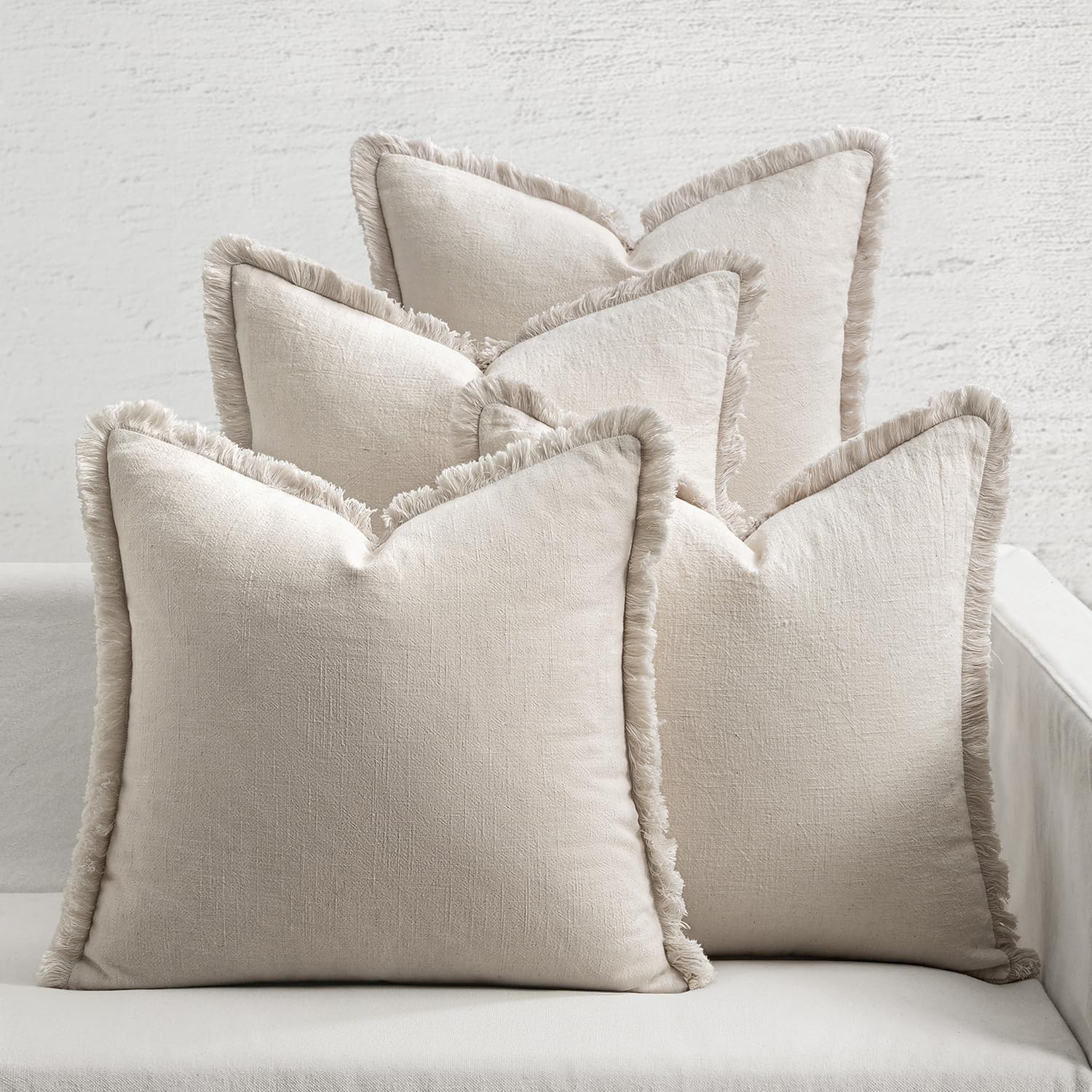 MIULEE Decorative Couch Pillow Covers Neutral Linen Fringe Throw Pillows Set of 4 Soft Rustic Cushions Boho Farmhouse Pillowcases for Bed Sofa Living Room Spring Decor 20x20 Inch Beige/Brown/Green