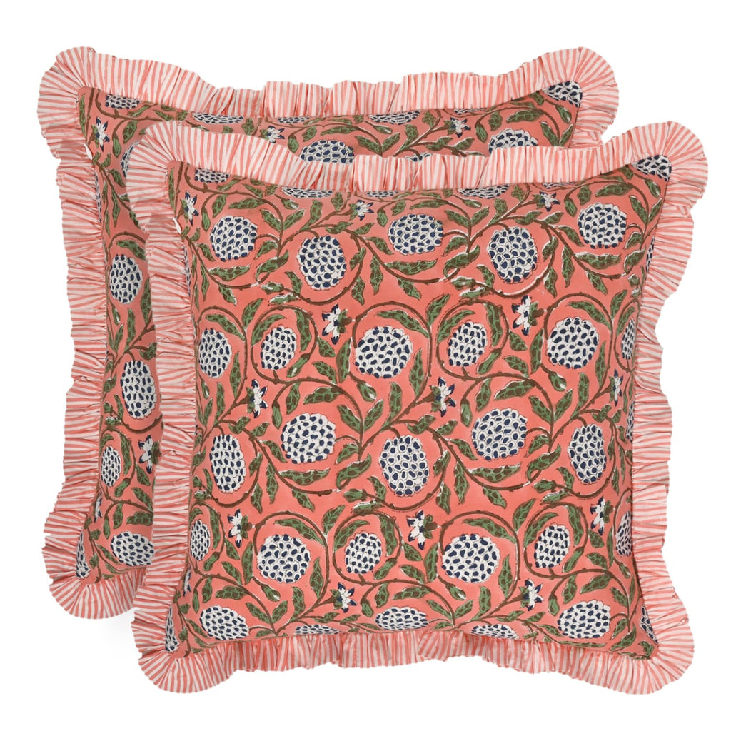 Ridhi Block Print Light Steel Blue Throw Pillow Cover 18" x 18" (Pack of 2) Decorative Cushion Covers with Ruffle for Couch, Sofa, Bed, Living Room, Home Decor Gift for Spring, Easter, Valentine