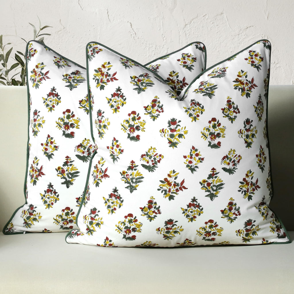 CPC 100% Cotton Throw Pillow Covers 20x20 Inch, Set of 2 Green Block Print Pattern Couch Pillow, Cute Boho Decorative Pillows for Living Room, Bedroom with Hidden Zipper- Olive Green