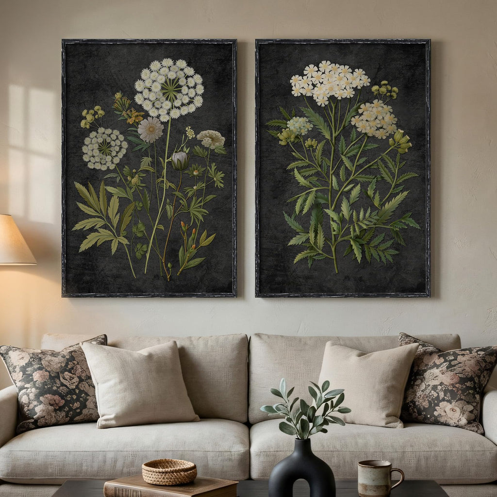 Large Framed Vintage Botanical Wall Art Set of 2, Neutral Antique Floral Canvas Painting Prints Artwork for Walls, Retro Rustic Farmhouse Flowers Pictures for Living Room Bedroom Wall Decor, 24x36 In