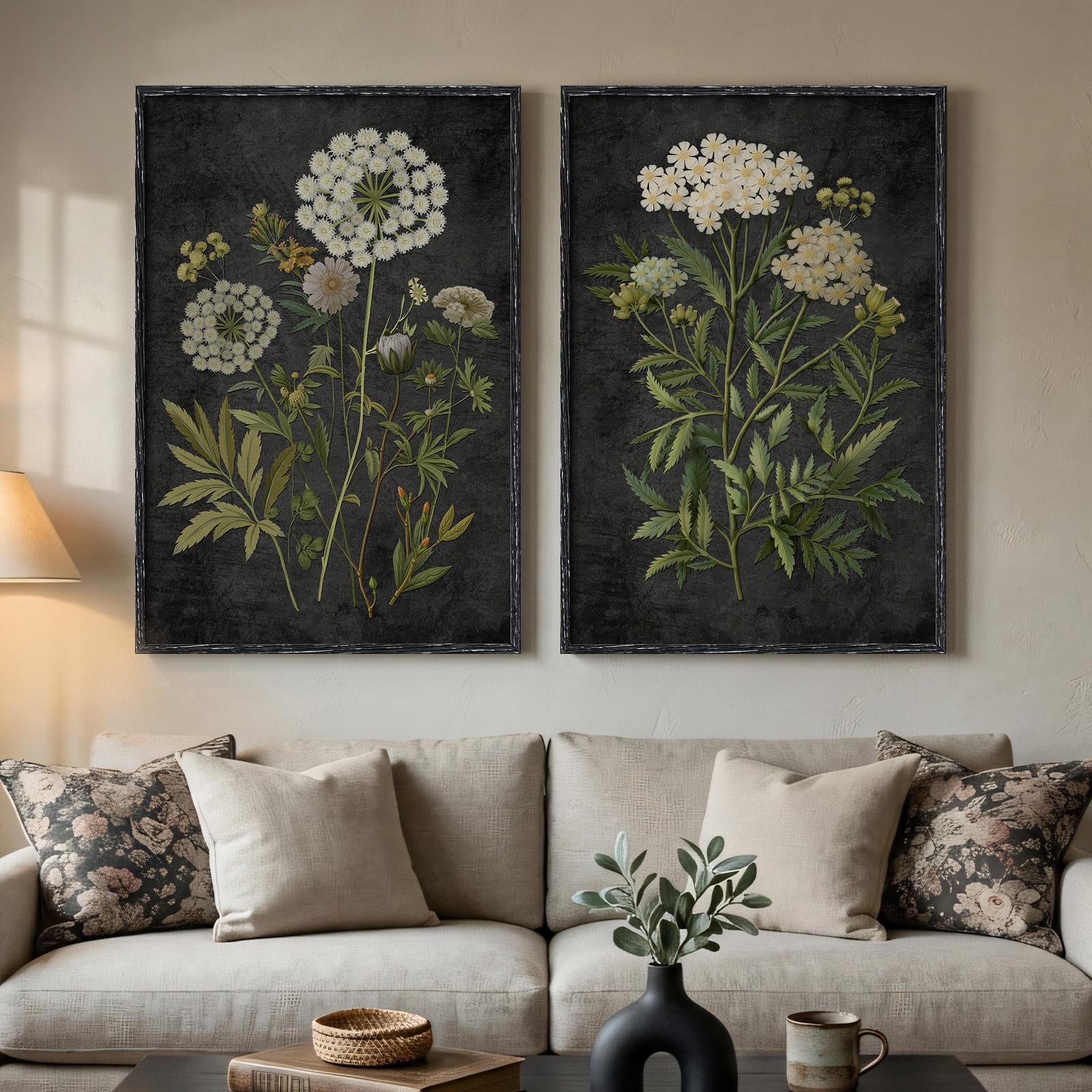 Large Framed Vintage Botanical Wall Art Set of 2, Neutral Antique Floral Canvas Painting Prints Artwork for Walls, Retro Rustic Farmhouse Flowers Pictures for Living Room Bedroom Wall Decor, 24x36 In