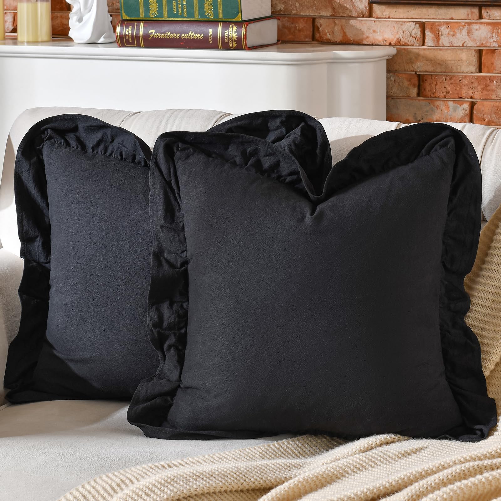 24×24" Ruffle Cotton Throw Pillow Covers, 2 Pack Beige