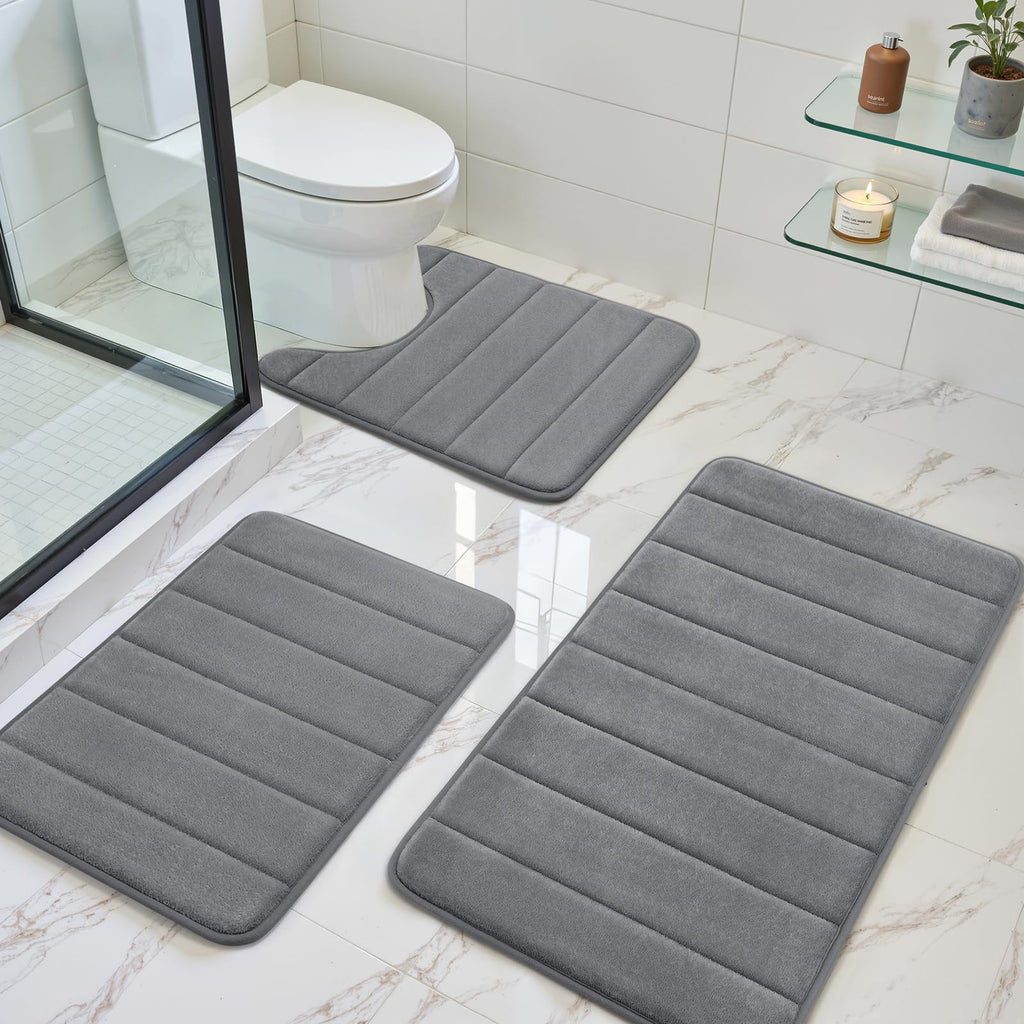 Black Memory Foam Bath Rug 3 Piece Set, Soft Absorbent Non-Slip & Washable