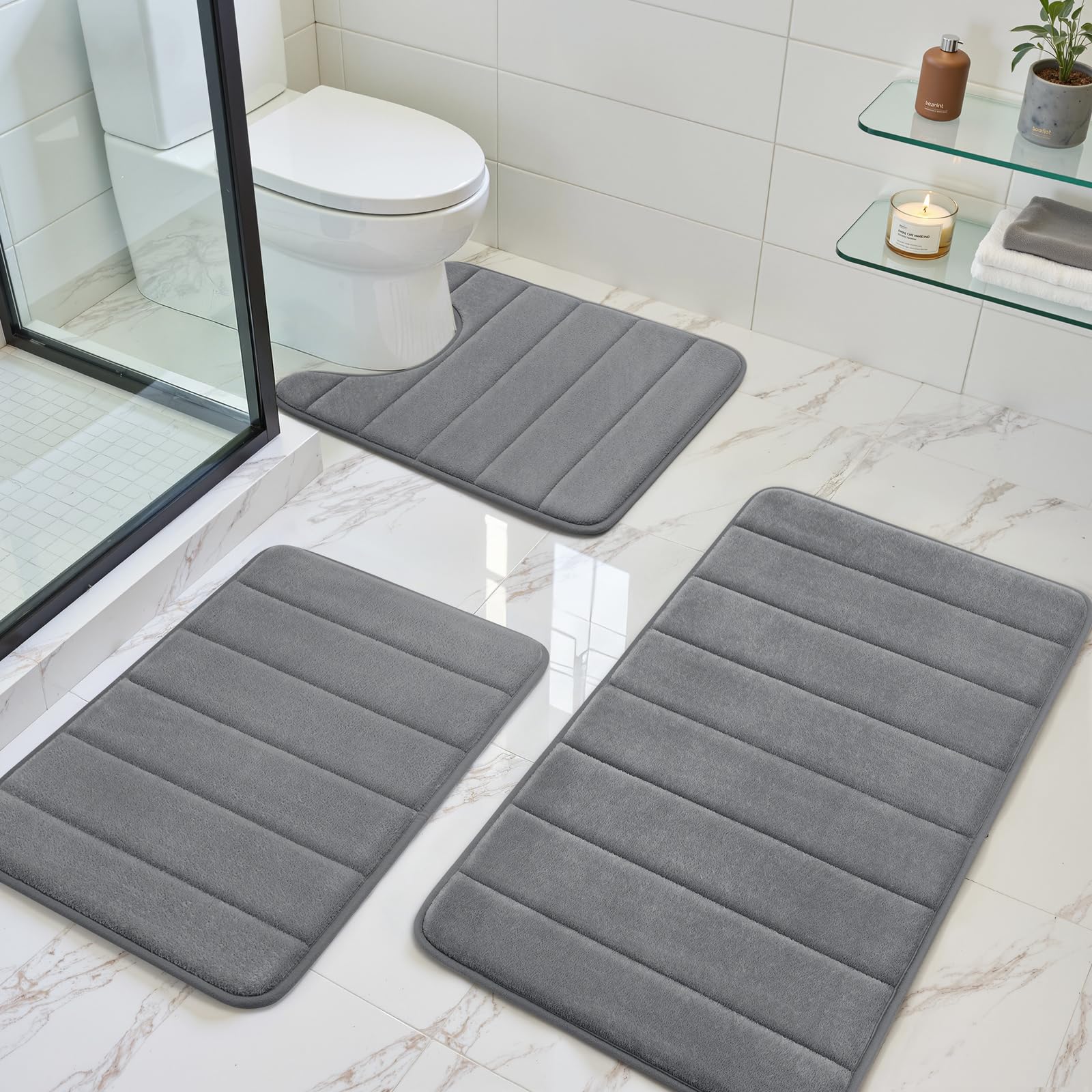 Black Memory Foam Bath Rug 3 Piece Set, Soft Absorbent Non-Slip & Washable