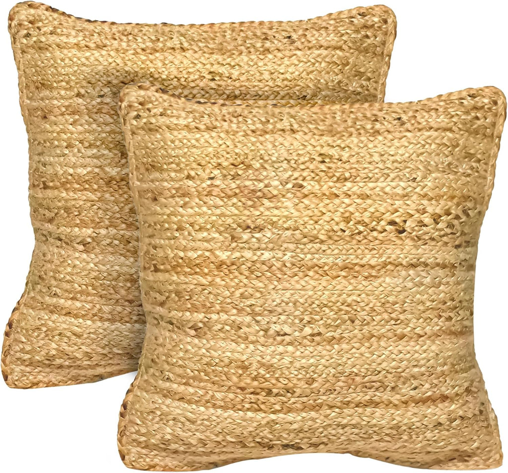 The Fine Living Co. Jute Pillow Covers 18x18 Set of 2, Braided Jute Throw Pillows, Indoor Outdoor Boho & Farmhouse Decor, Natural Decorative Cushion Covers for Couch, Living Room & Patio