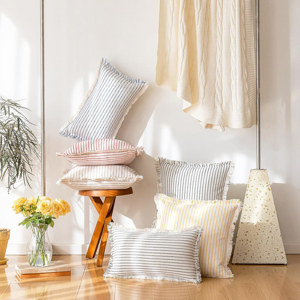 YEENAASY Throw Pillow Covers 24x24 Set of 2 Striped Fringe Pillow Cover Farmhouse Cushion Covers with Tassel Neutral Boho Pillows Decorative Square Pillowcase for Couch Sofa Bed, Khaki
