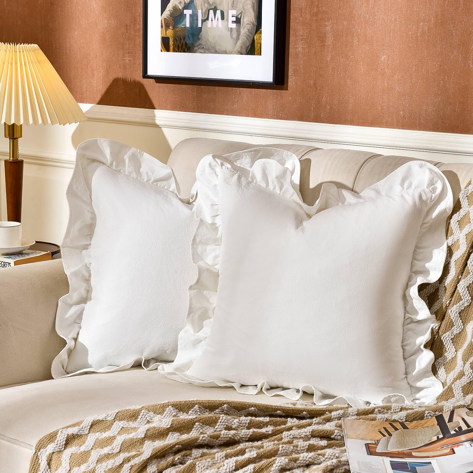 24×24" Ruffle Cotton Throw Pillow Covers, 2 Pack Beige