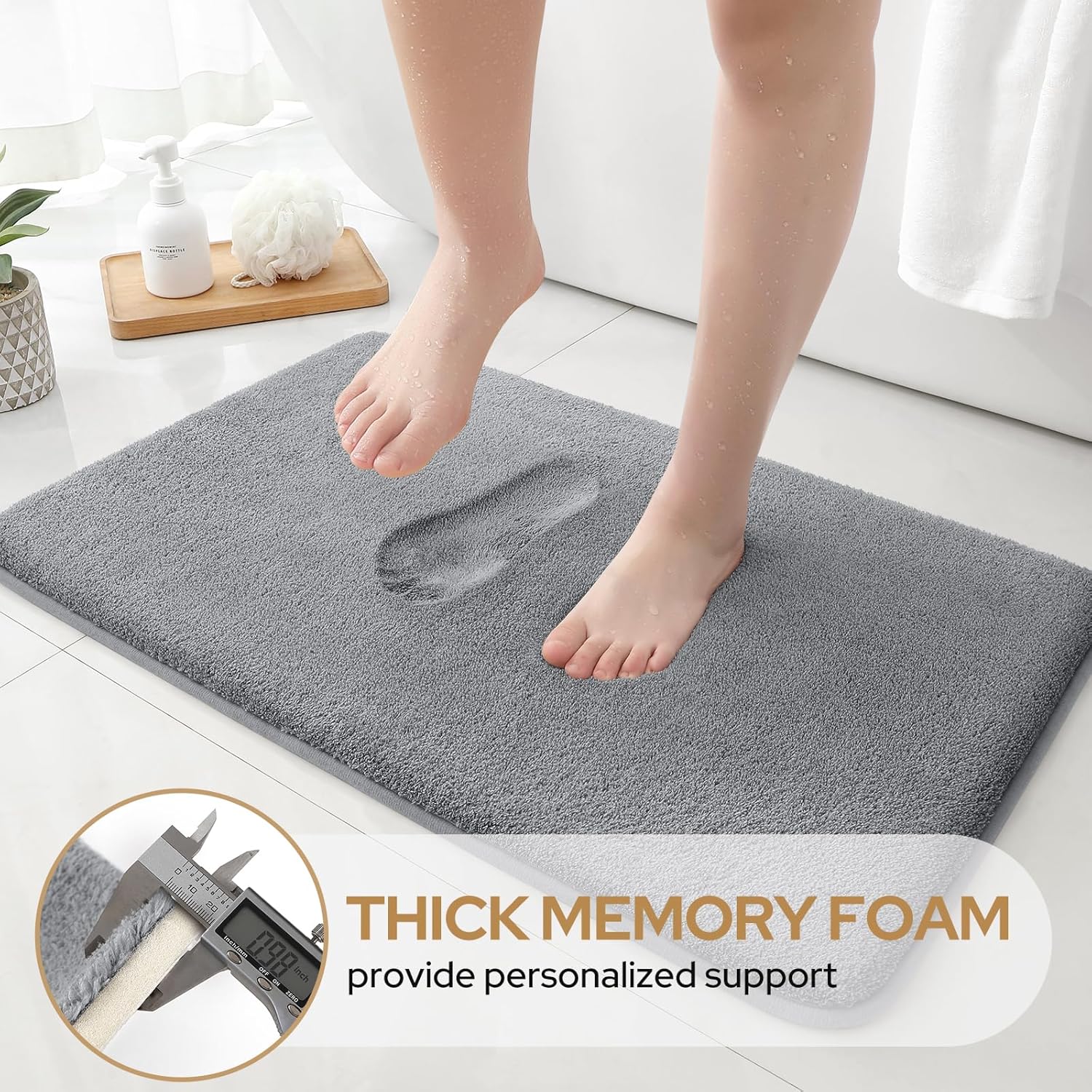 HOMEIDEAS Upgraded Bathroom Rugs Set 3 Piece, Extra Thick Absorbent Soft Memory Foam, Washable Toilet Bath Mat (Grey,17"x24"+20"x32"+U Shape 20"x24")