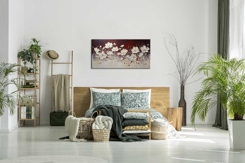 Lasdel Stretched Canvas Wall Art of White Flowers Plant Picture for Living Room Bedroom Home Decoration, Beautiful White and Red Premium Nature Print Artwork Painting Decor, Inner Frame 23x46 Inches