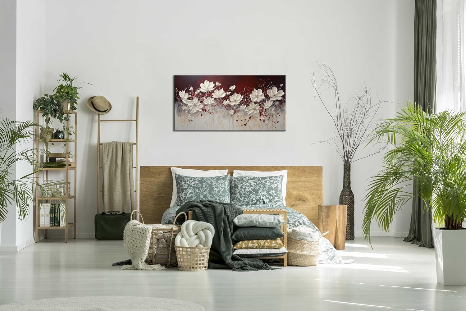 Lasdel Stretched Canvas Wall Art of White Flowers Plant Picture for Living Room Bedroom Home Decoration, Beautiful White and Red Premium Nature Print Artwork Painting Decor, Inner Frame 23x46 Inches