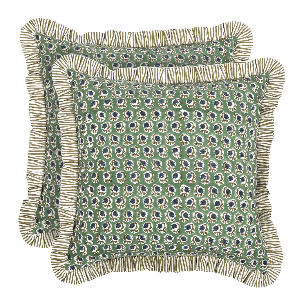 Ridhi Block Print Light Steel Blue Throw Pillow Cover 18" x 18" (Pack of 2) Decorative Cushion Covers with Ruffle for Couch, Sofa, Bed, Living Room, Home Decor Gift for Spring, Easter, Valentine