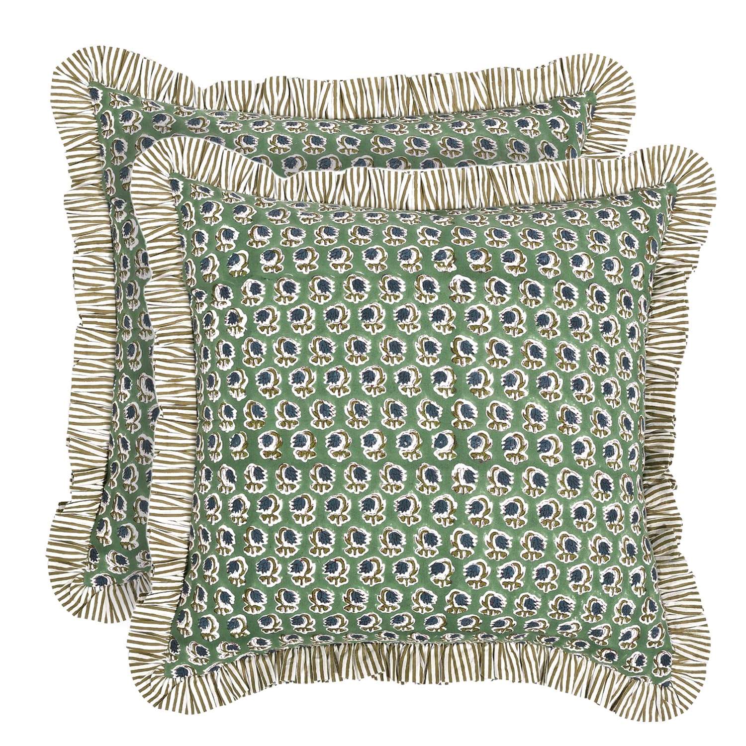Ridhi Block Print Light Steel Blue Throw Pillow Cover 18" x 18" (Pack of 2) Decorative Cushion Covers with Ruffle for Couch, Sofa, Bed, Living Room, Home Decor Gift for Spring, Easter, Valentine