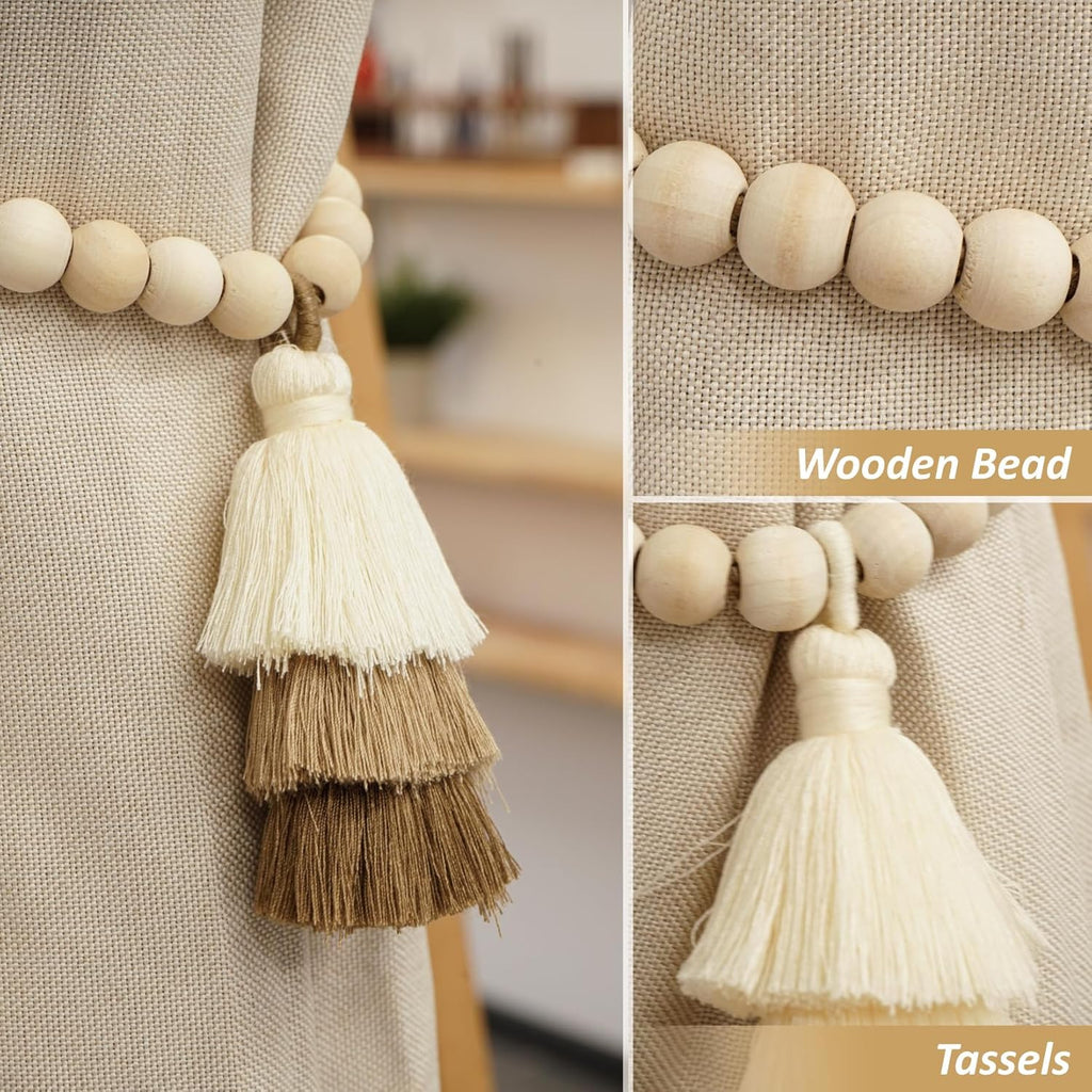 No Drill Curtain Tiebacks with Strong Magnetic Closure, Natural Wood Beads Boho Holdbacks with Triple Tassels for Living Room, Bedroom, Office Drapes,Set of 4,Beige Taupe Brown