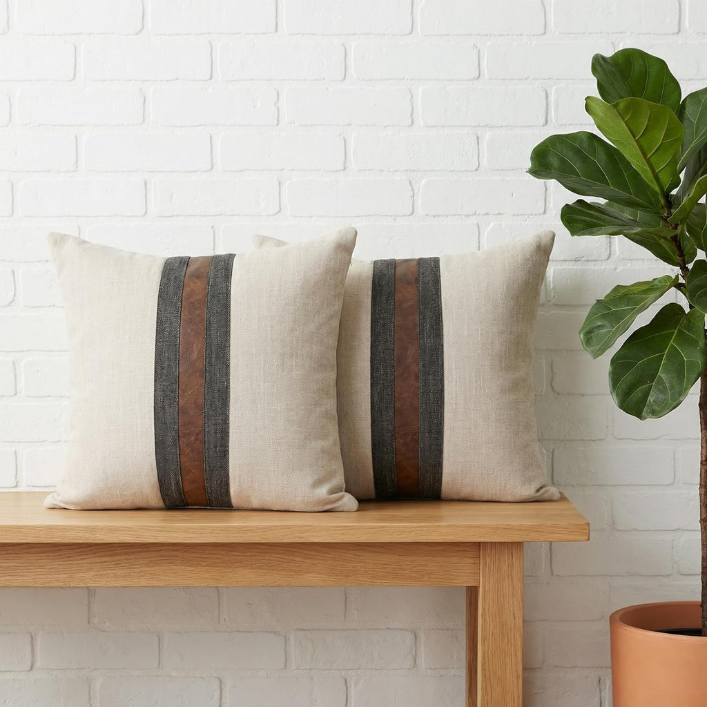 Set of 2 Leather Throw Pillow Covers Cotton Linen Decor Patchwork Pillow Cover Faux Leather Pillows Cover for Couch Sofa Living Room Bedroom,Beige 24"x24"