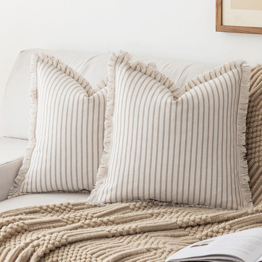 YEENAASY Throw Pillow Covers 24x24 Set of 2 Striped Fringe Pillow Cover Farmhouse Cushion Covers with Tassel Neutral Boho Pillows Decorative Square Pillowcase for Couch Sofa Bed, Khaki
