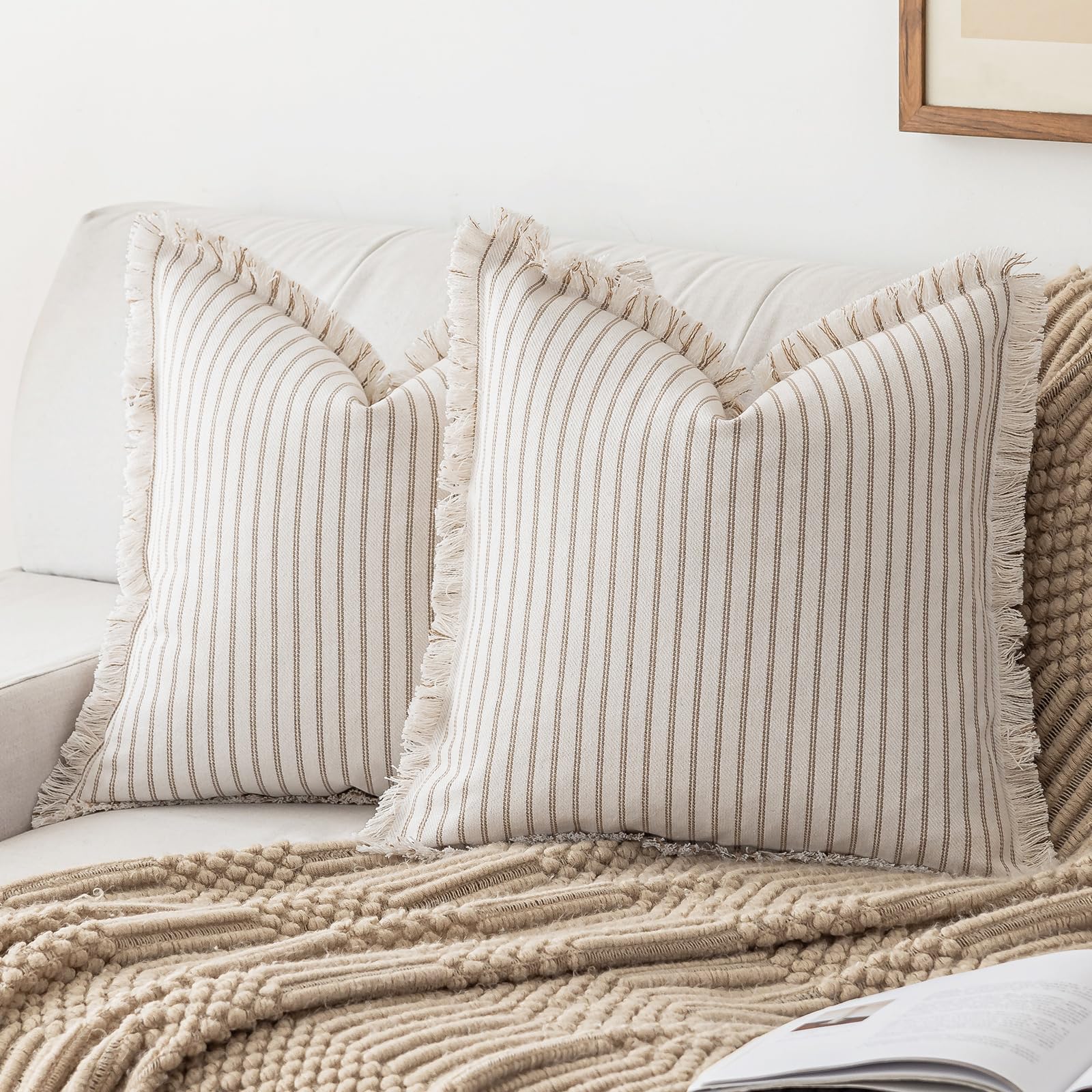 YEENAASY Throw Pillow Covers 24x24 Set of 2 Striped Fringe Pillow Cover Farmhouse Cushion Covers with Tassel Neutral Boho Pillows Decorative Square Pillowcase for Couch Sofa Bed, Khaki