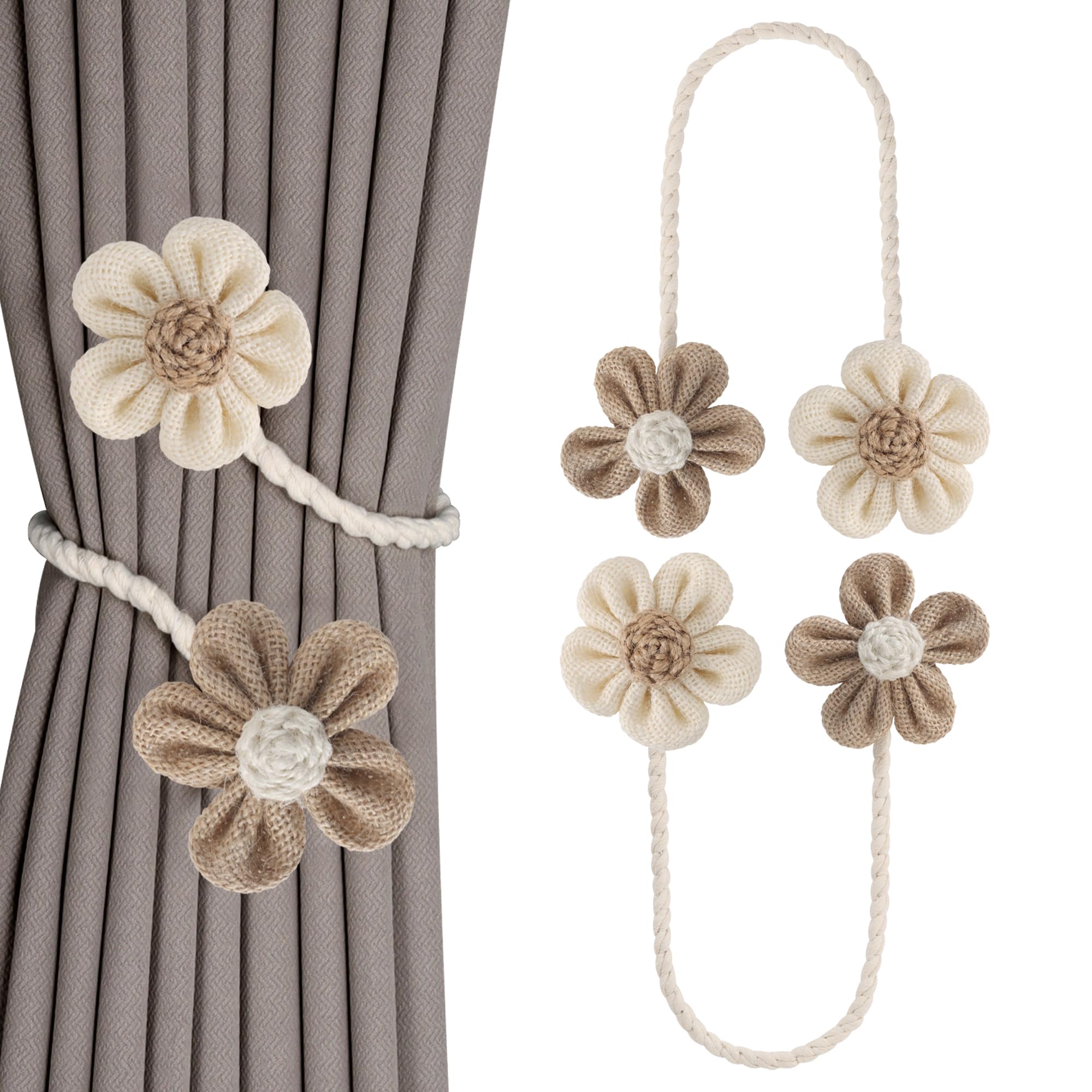 Meplait 6 Pack Flower Curtain Tiebacks Curtain Holdbacks, No Drill Boho Curtain Ties Handmade Cotton Linen Decorative Curtain Holders for Drapes (Beige & Khaki)