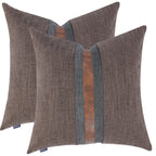 Set of 2 Leather Throw Pillow Covers Cotton Linen Decor Patchwork Pillow Cover Faux Leather Pillows Cover for Couch Sofa Living Room Bedroom,Beige 24"x24"