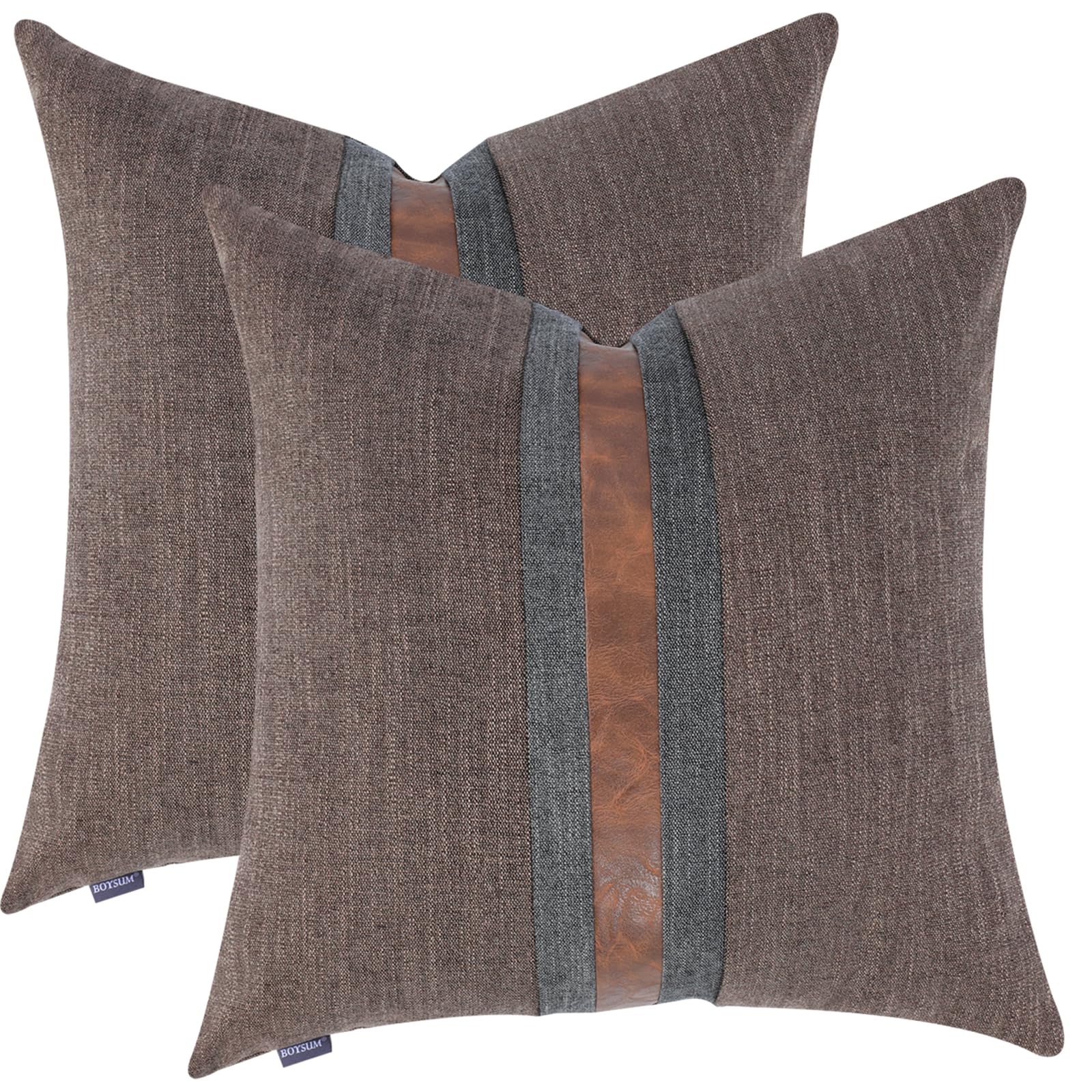 Set of 2 Leather Throw Pillow Covers Cotton Linen Decor Patchwork Pillow Cover Faux Leather Pillows Cover for Couch Sofa Living Room Bedroom,Beige 24"x24"