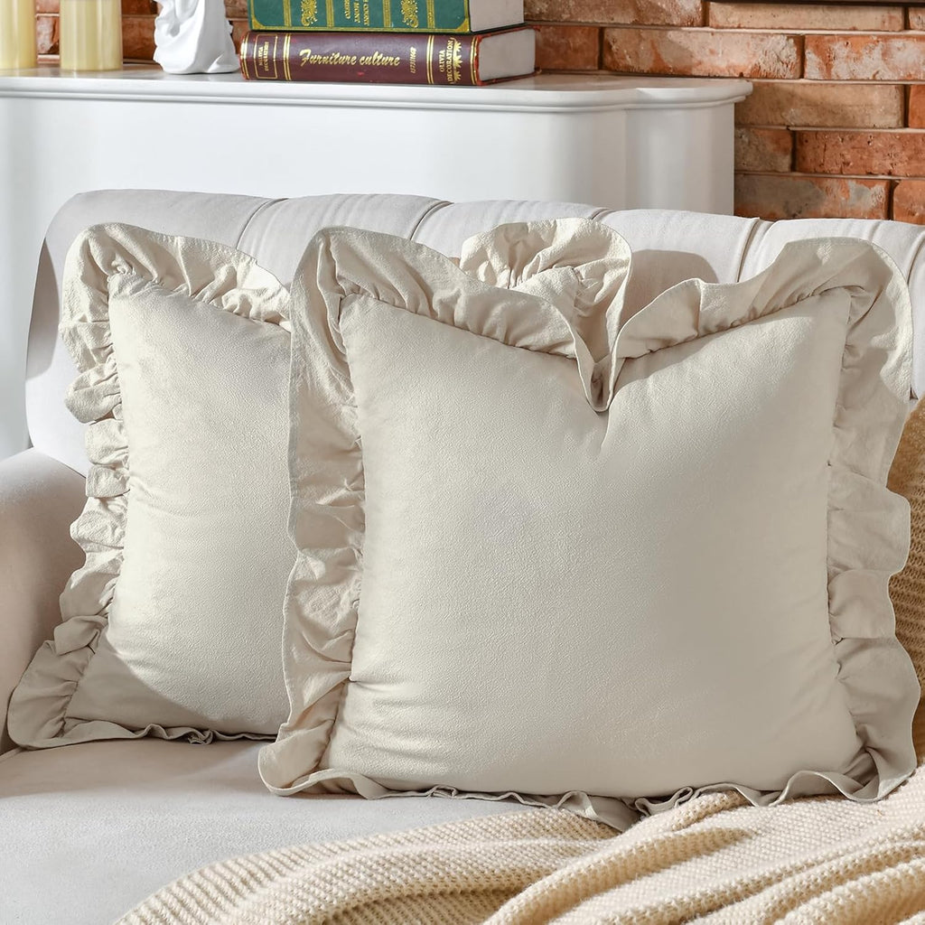 24×24" Ruffle Cotton Throw Pillow Covers, 2 Pack Beige