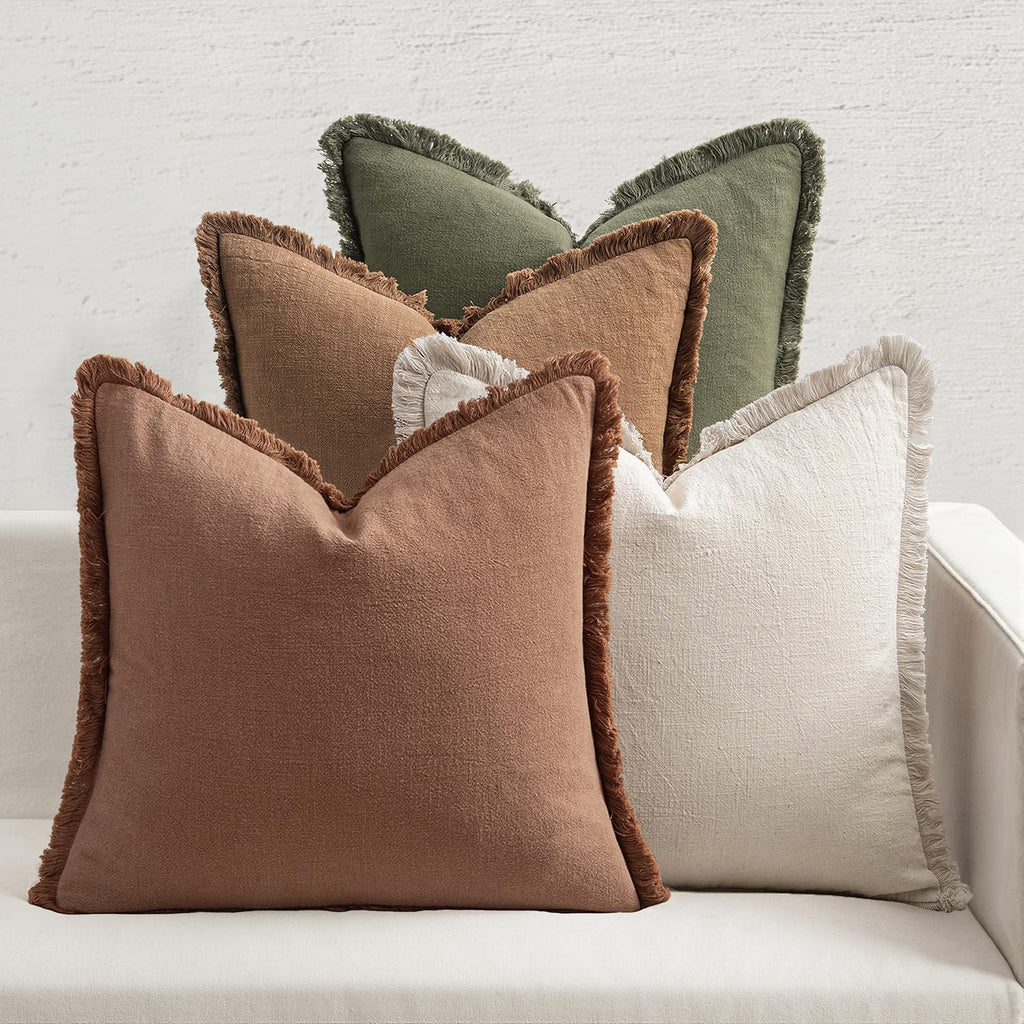 MIULEE Decorative Couch Pillow Covers Neutral Linen Fringe Throw Pillows Set of 4 Soft Rustic Cushions Boho Farmhouse Pillowcases for Bed Sofa Living Room Spring Decor 20x20 Inch Beige/Brown/Green