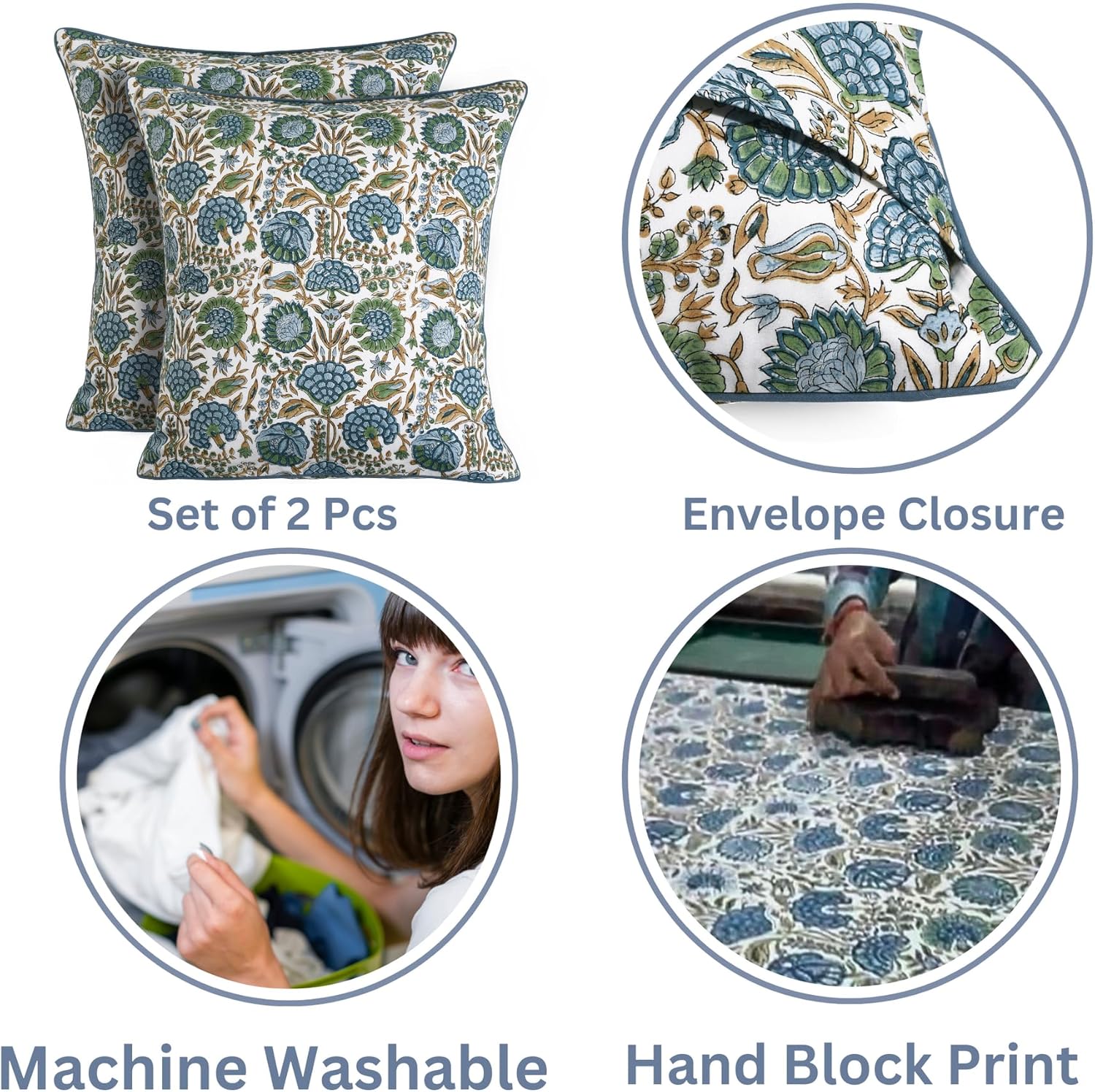 Ridhi Block Print Asparagus Green Pillow Cover 20" x 20" (Pack of 2) Decorative Couch Pillows for Living Room, Farmhouse Chic Boho Cute Outdoor Pillows Covers Gifts for Spring, Mother's Day
