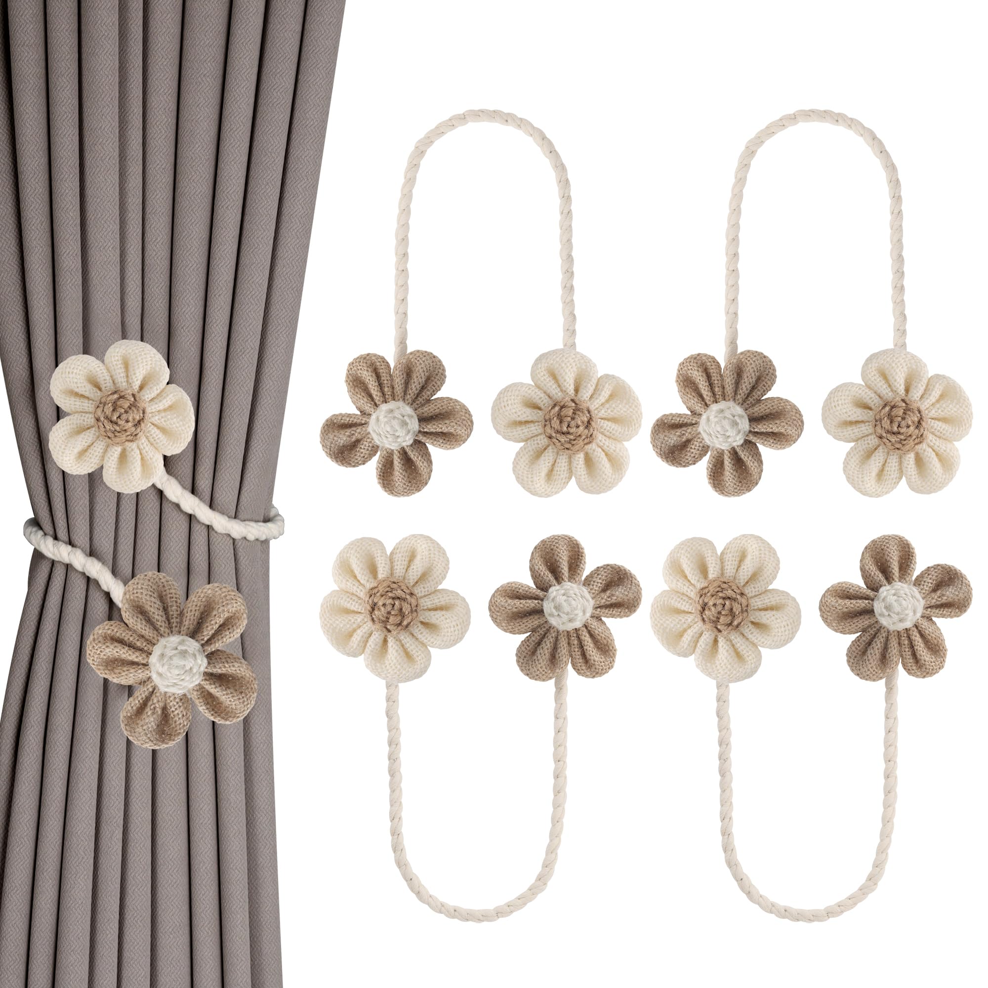 Meplait 6 Pack Flower Curtain Tiebacks Curtain Holdbacks, No Drill Boho Curtain Ties Handmade Cotton Linen Decorative Curtain Holders for Drapes (Beige & Khaki)