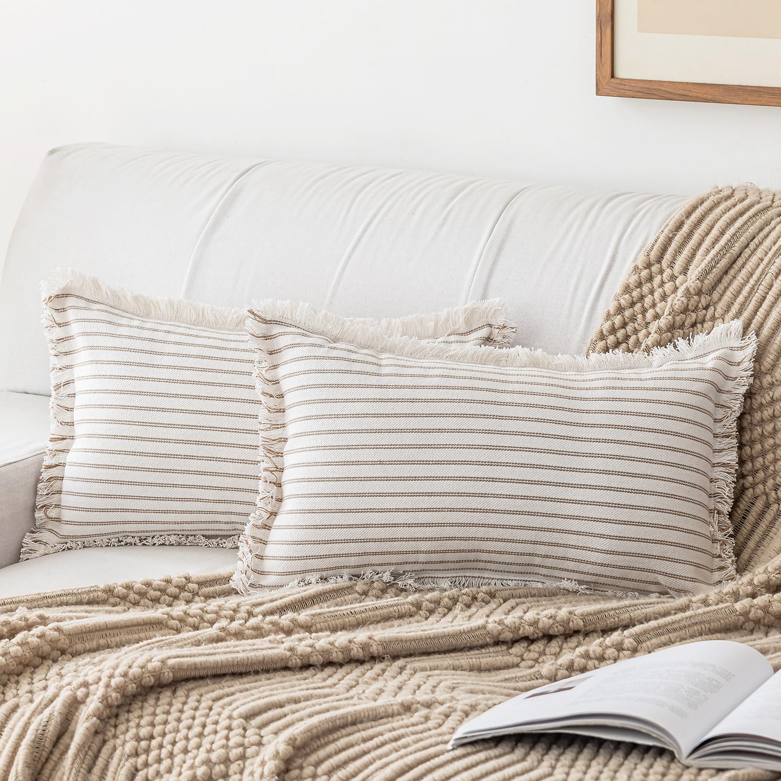 YEENAASY Throw Pillow Covers 24x24 Set of 2 Striped Fringe Pillow Cover Farmhouse Cushion Covers with Tassel Neutral Boho Pillows Decorative Square Pillowcase for Couch Sofa Bed, Khaki