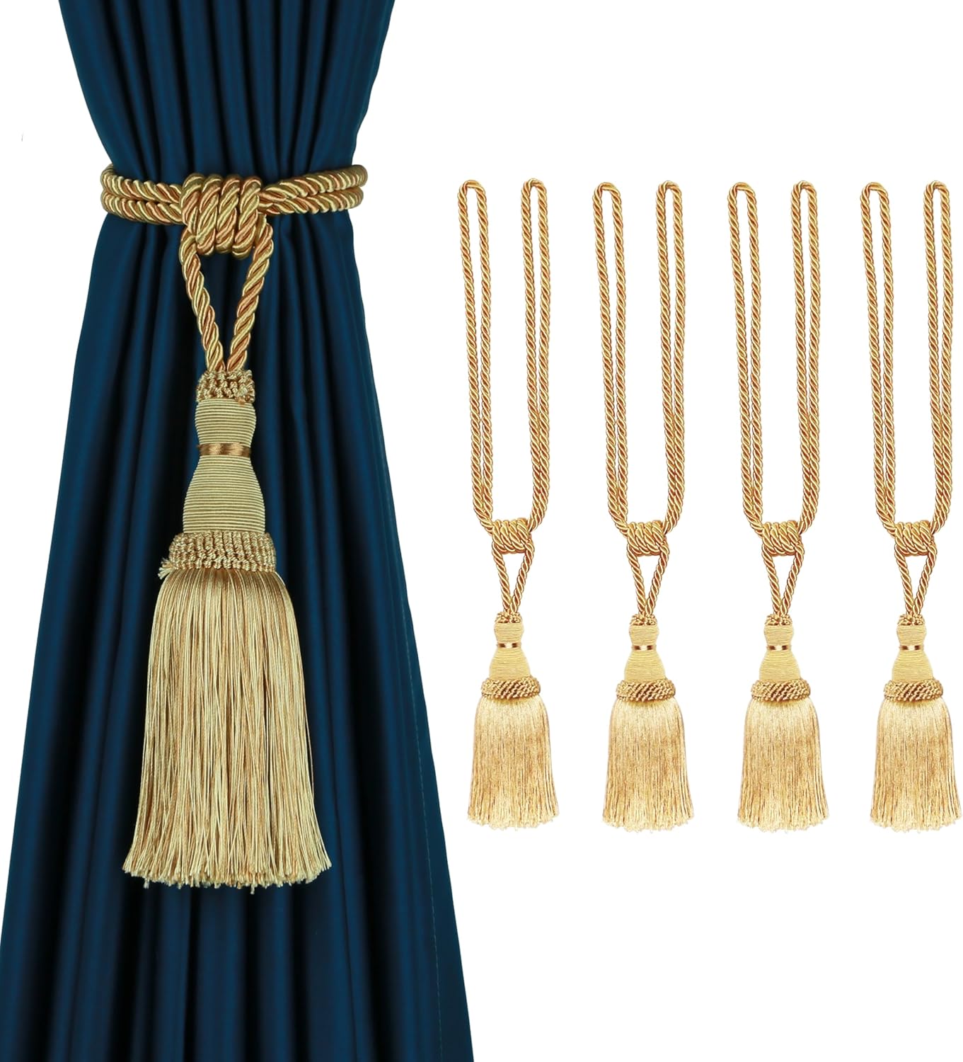 BEL AVENIR 2 Pack Curtain Tiebacks Tassel Drapery Tie-Backs Rope Handmade Holdbacks Home Office Hotel Decorative (Gold, 4 Pack)