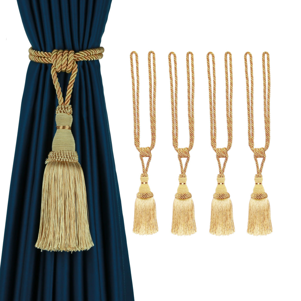 BEL AVENIR 2 Pack Curtain Tiebacks Tassel Drapery Tie-Backs Rope Handmade Holdbacks Home Office Hotel Decorative (Gold, 4 Pack)