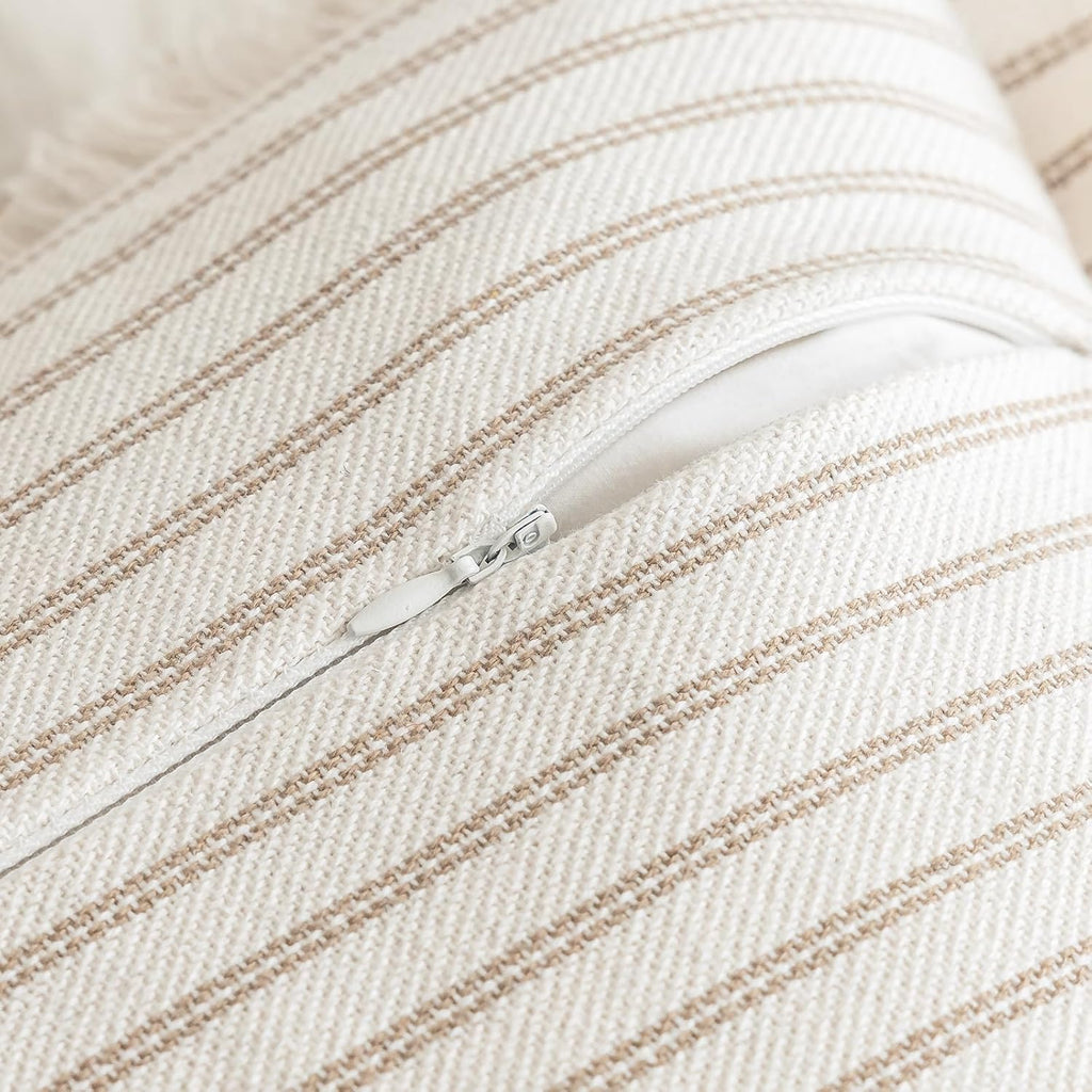 YEENAASY Throw Pillow Covers 24x24 Set of 2 Striped Fringe Pillow Cover Farmhouse Cushion Covers with Tassel Neutral Boho Pillows Decorative Square Pillowcase for Couch Sofa Bed, Khaki