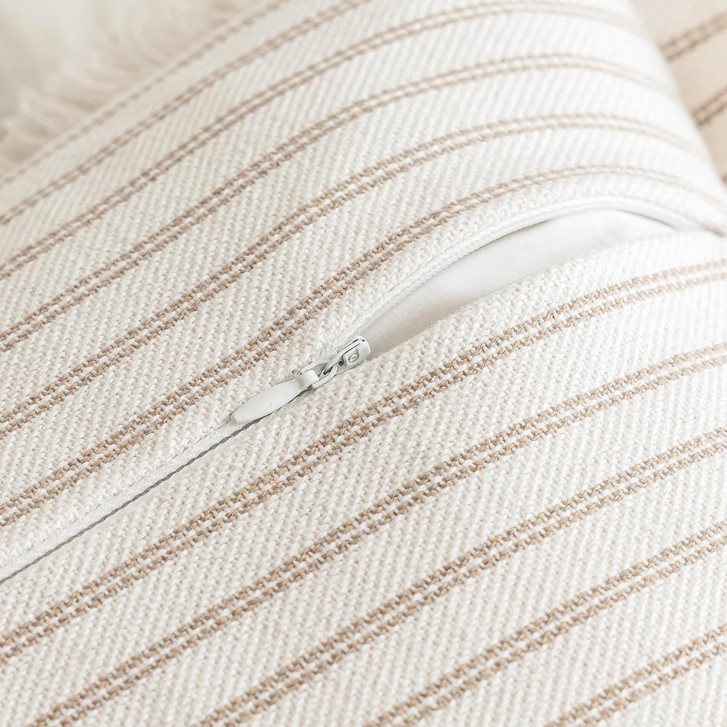 YEENAASY Throw Pillow Covers 24x24 Set of 2 Striped Fringe Pillow Cover Farmhouse Cushion Covers with Tassel Neutral Boho Pillows Decorative Square Pillowcase for Couch Sofa Bed, Khaki