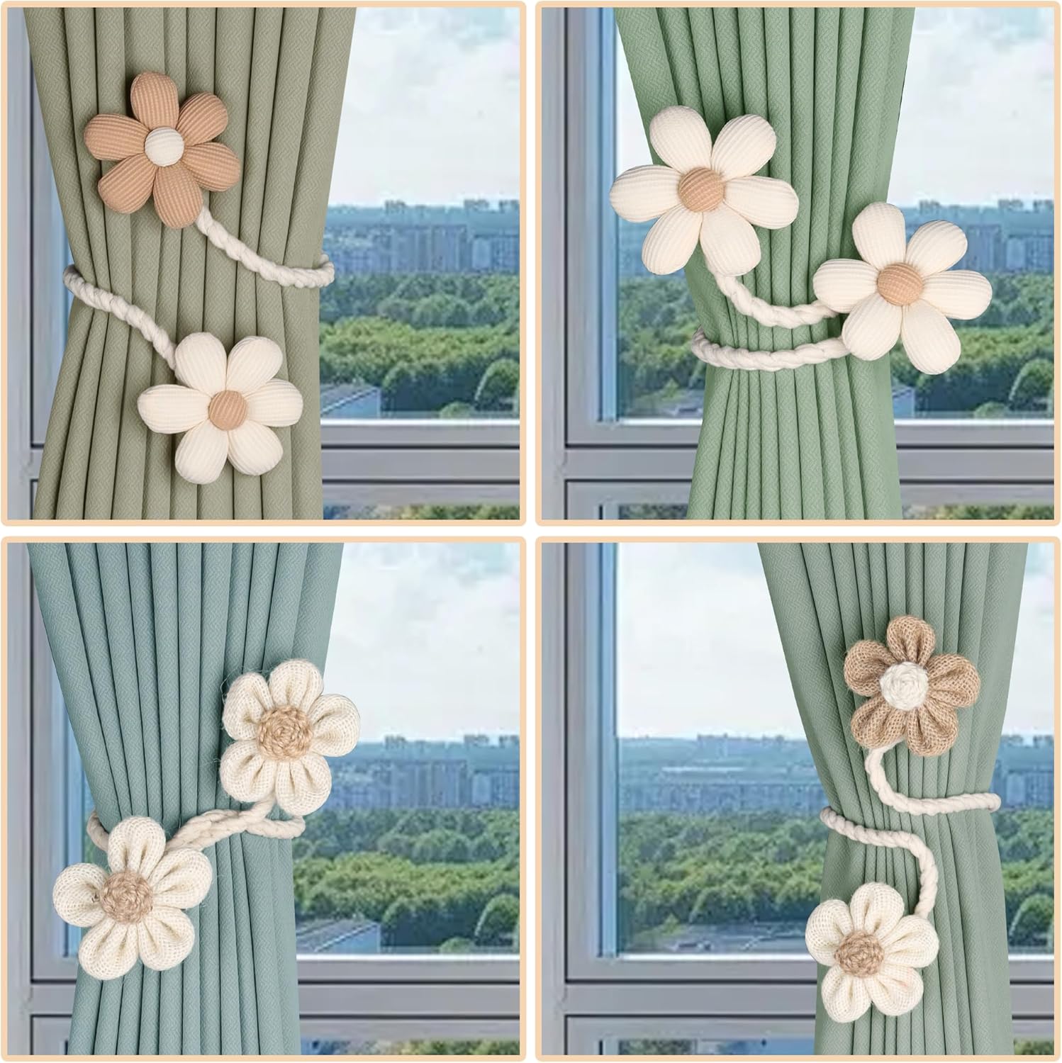 Meplait 6 Pack Flower Curtain Tiebacks Curtain Holdbacks, No Drill Boho Curtain Ties Handmade Cotton Linen Decorative Curtain Holders for Drapes (Beige & Khaki)