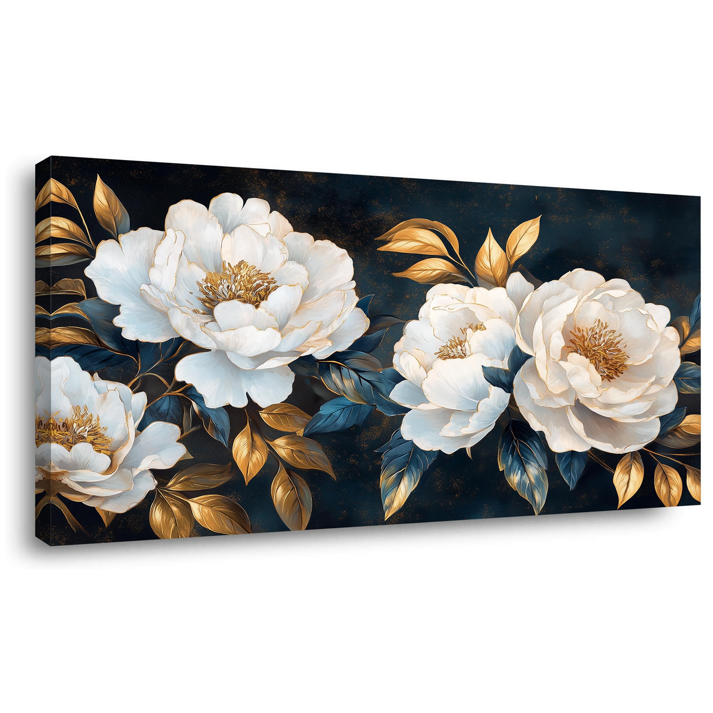 Lasdel Stretched Canvas Wall Art of White Flowers Plant Picture for Living Room Bedroom Home Decoration, Beautiful White and Red Premium Nature Print Artwork Painting Decor, Inner Frame 23x46 Inches