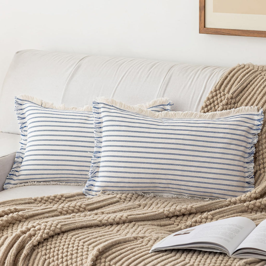 YEENAASY Throw Pillow Covers 24x24 Set of 2 Striped Fringe Pillow Cover Farmhouse Cushion Covers with Tassel Neutral Boho Pillows Decorative Square Pillowcase for Couch Sofa Bed, Khaki