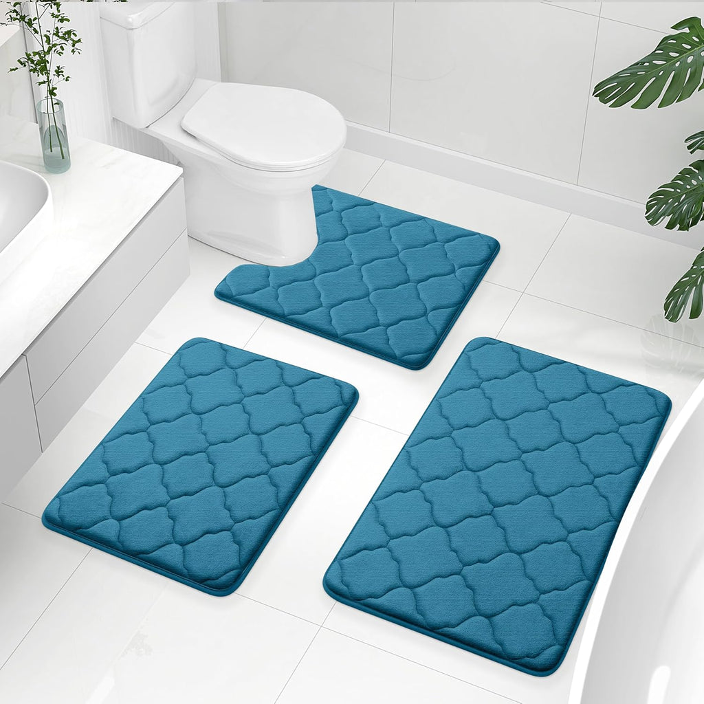 OLANLY Memory Foam Bath Mat Set of 3 Piece, Bathroom Rugs and Toilet Rug U-Shaped, Ultra Soft and Absorbent, Comfortable, Non-Slip, Machine Washable, Shower and Home Decor Accessories, Peacock Blue