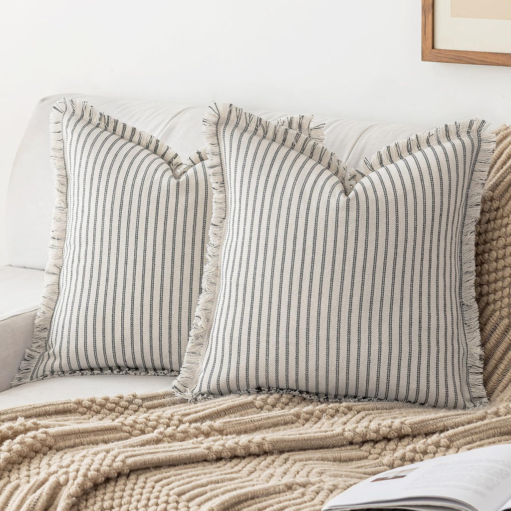 YEENAASY Throw Pillow Covers 24x24 Set of 2 Striped Fringe Pillow Cover Farmhouse Cushion Covers with Tassel Neutral Boho Pillows Decorative Square Pillowcase for Couch Sofa Bed, Khaki