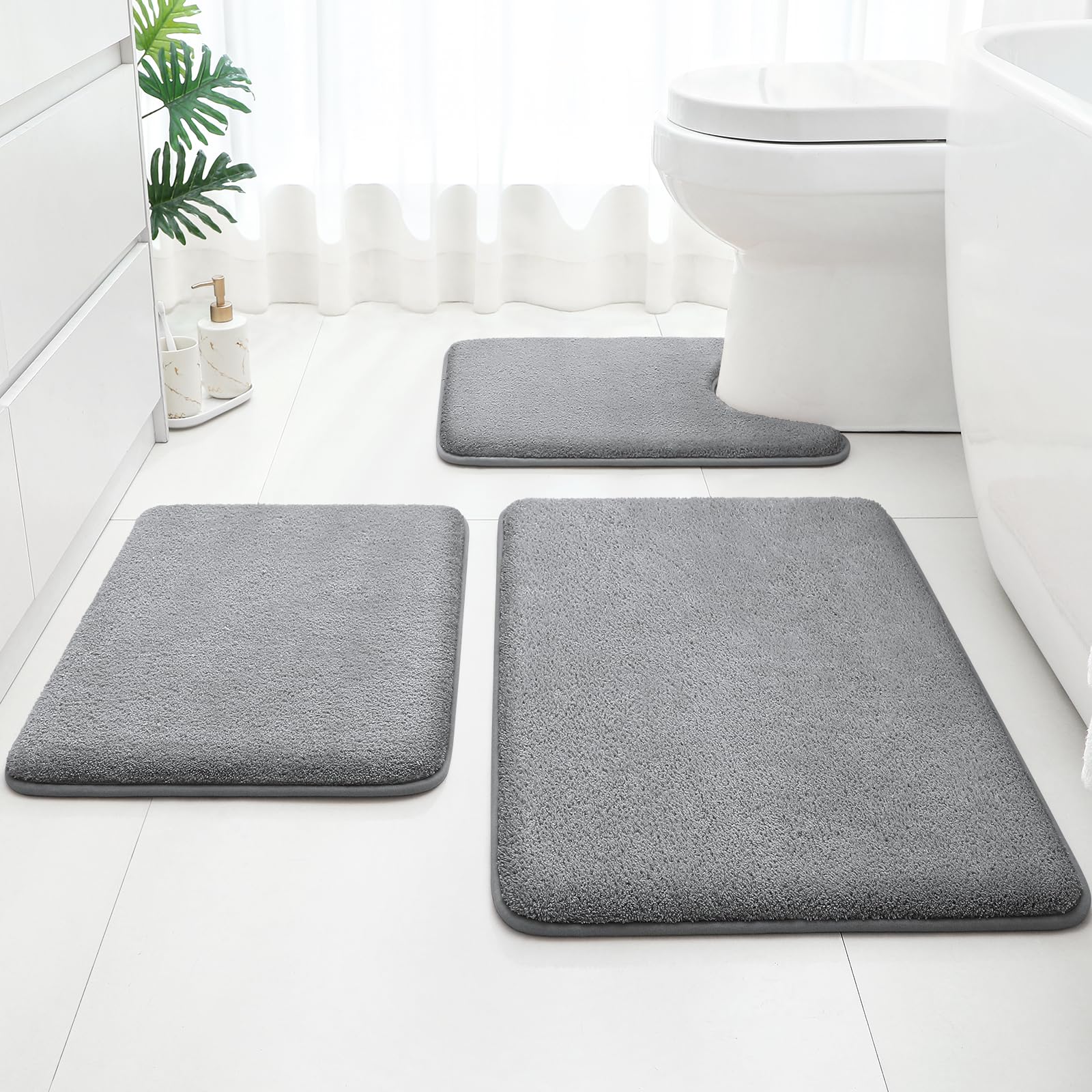 HOMEIDEAS Upgraded Bathroom Rugs Set 3 Piece, Extra Thick Absorbent Soft Memory Foam, Washable Toilet Bath Mat (Grey,17"x24"+20"x32"+U Shape 20"x24")