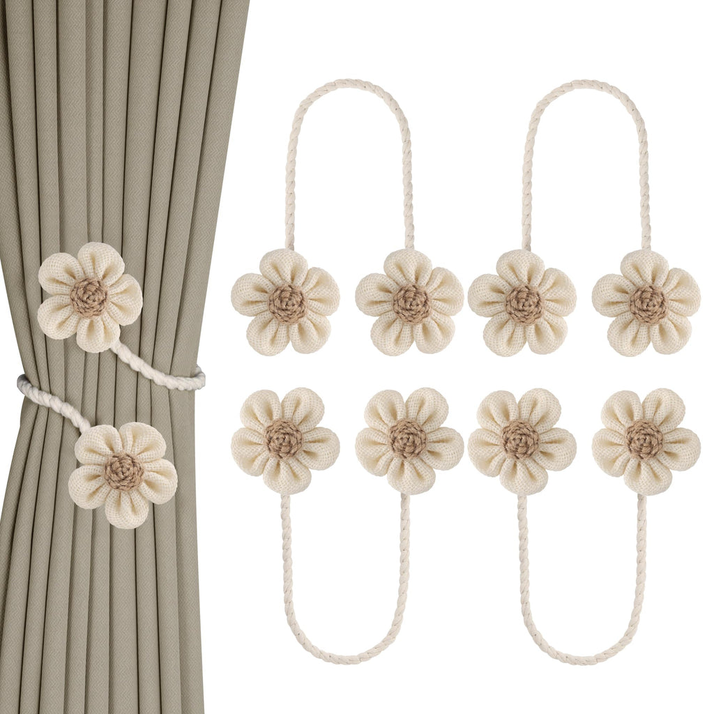 Meplait 6 Pack Flower Curtain Tiebacks Curtain Holdbacks, No Drill Boho Curtain Ties Handmade Cotton Linen Decorative Curtain Holders for Drapes (Beige & Khaki)