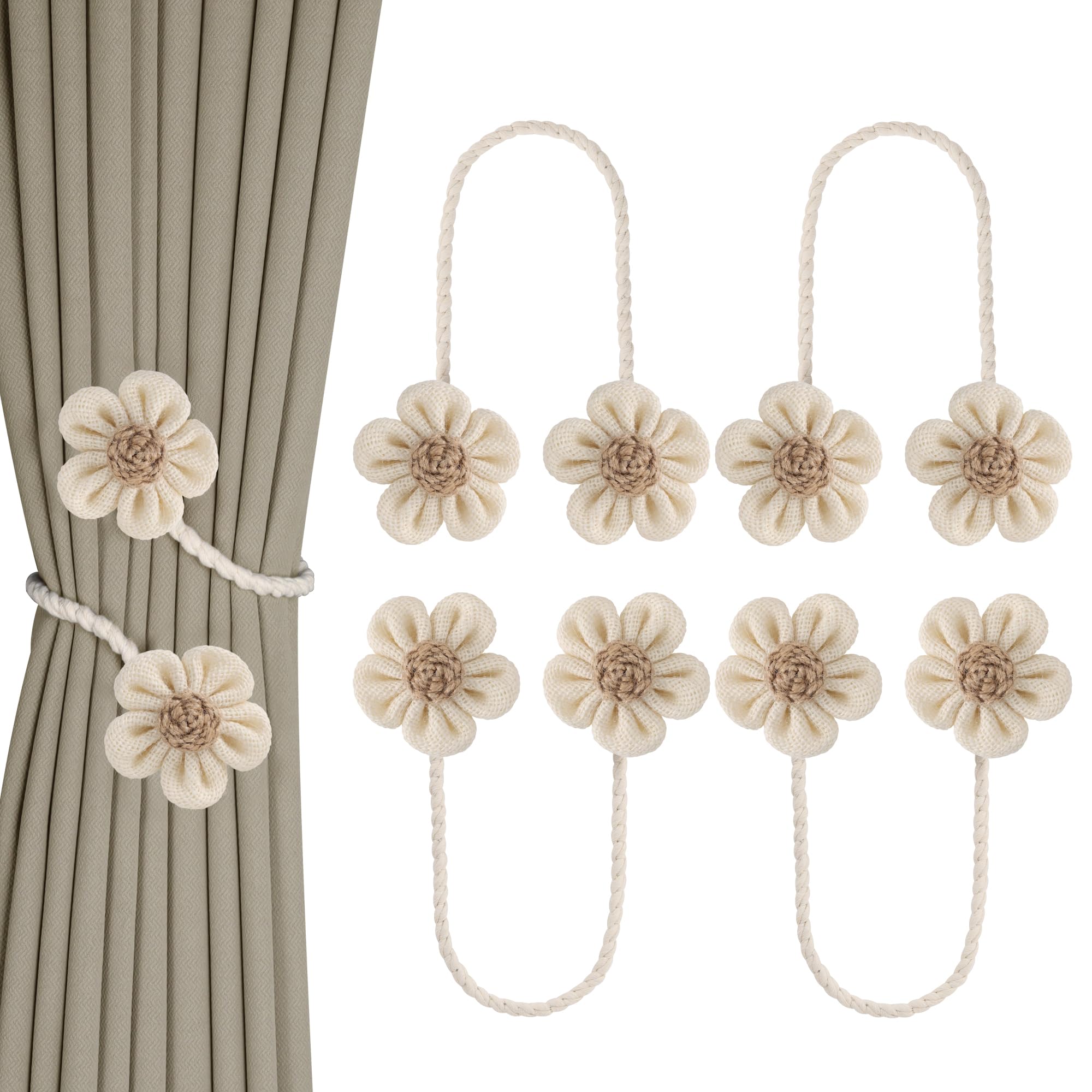 Meplait 6 Pack Flower Curtain Tiebacks Curtain Holdbacks, No Drill Boho Curtain Ties Handmade Cotton Linen Decorative Curtain Holders for Drapes (Beige & Khaki)