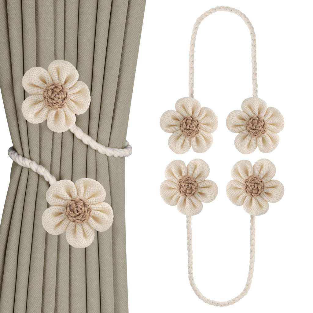 Meplait 6 Pack Flower Curtain Tiebacks Curtain Holdbacks, No Drill Boho Curtain Ties Handmade Cotton Linen Decorative Curtain Holders for Drapes (Beige & Khaki)