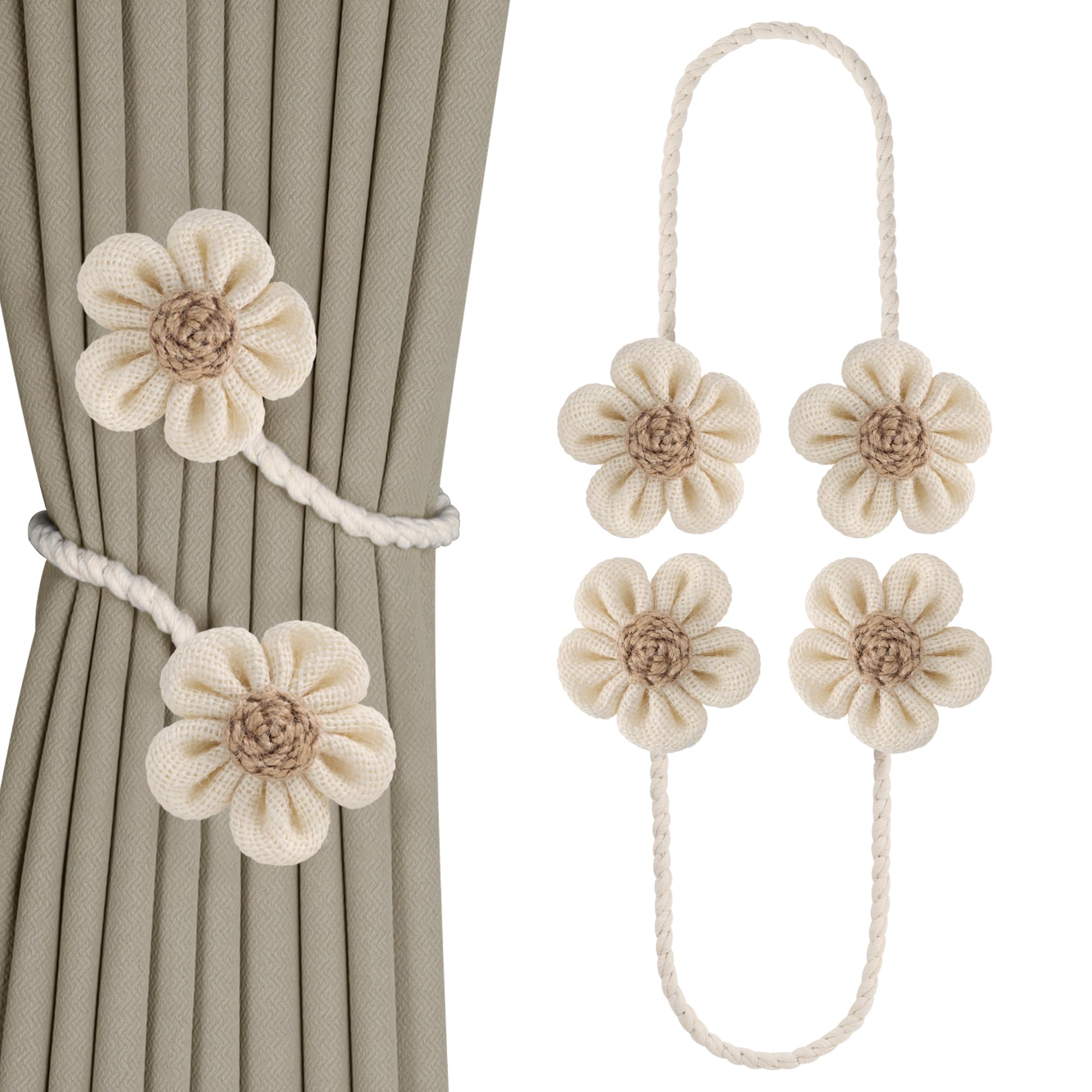 Meplait 6 Pack Flower Curtain Tiebacks Curtain Holdbacks, No Drill Boho Curtain Ties Handmade Cotton Linen Decorative Curtain Holders for Drapes (Beige & Khaki)