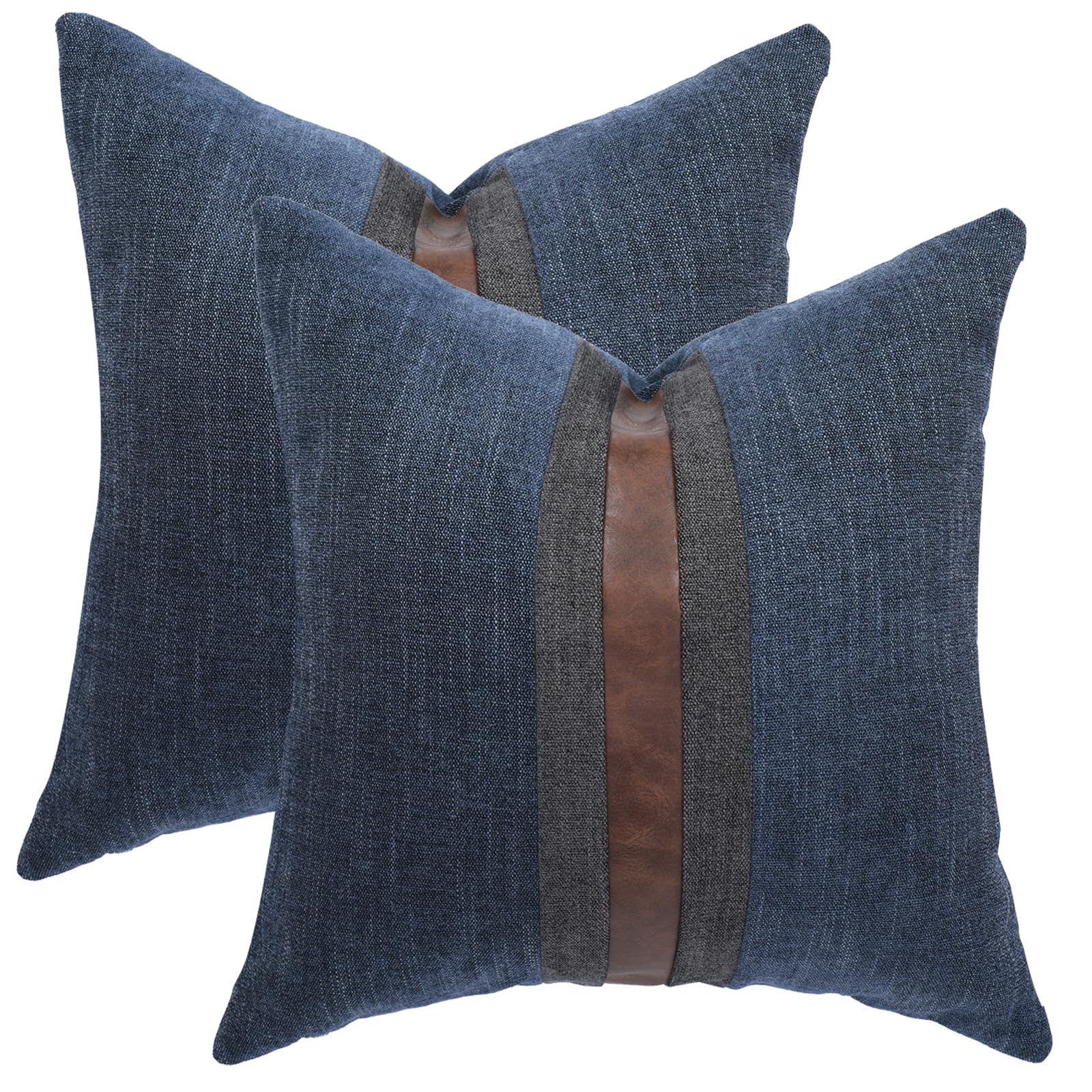Set of 2 Leather Throw Pillow Covers Cotton Linen Decor Patchwork Pillow Cover Faux Leather Pillows Cover for Couch Sofa Living Room Bedroom,Beige 24"x24"
